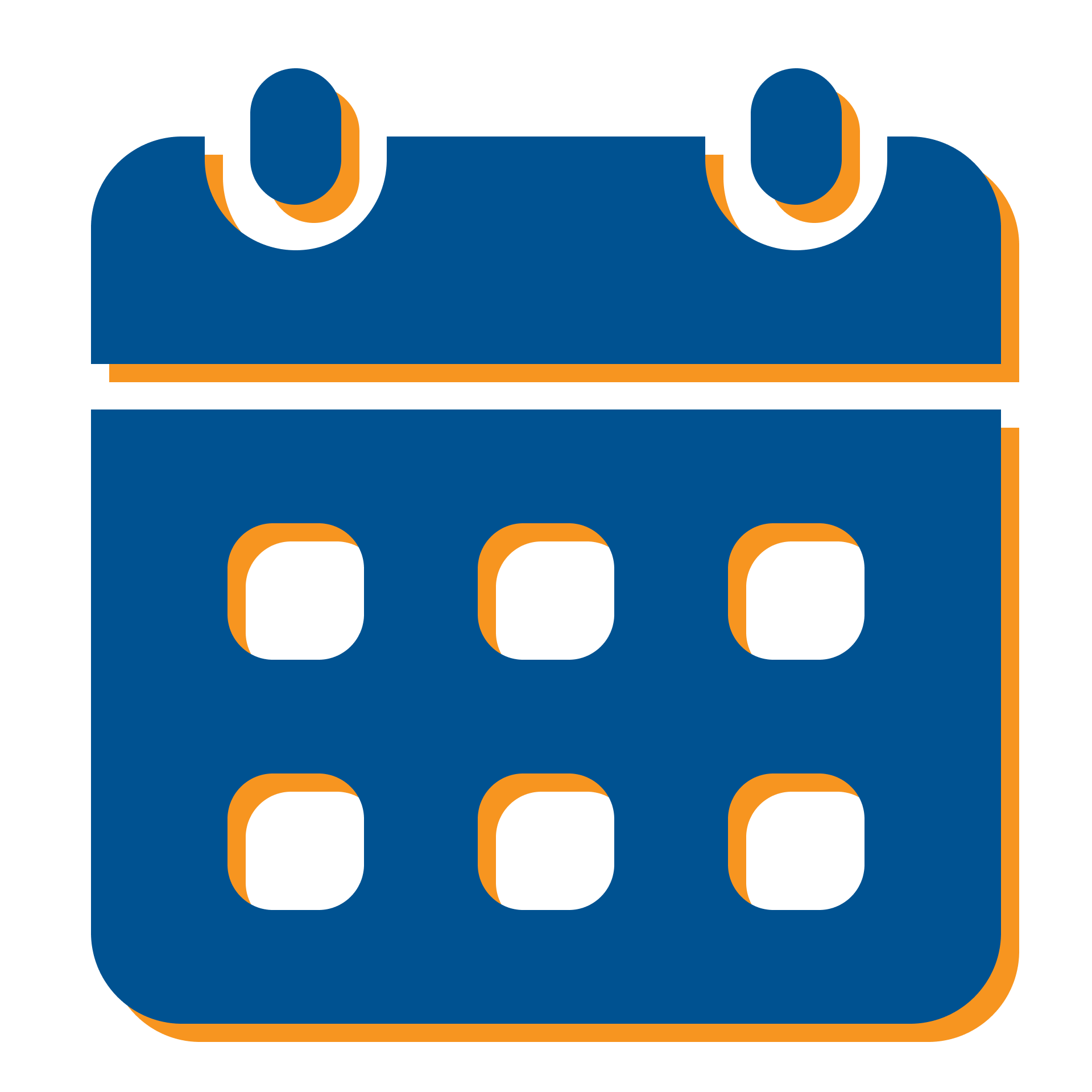 Blue calendar icon with orange accents and six date squares