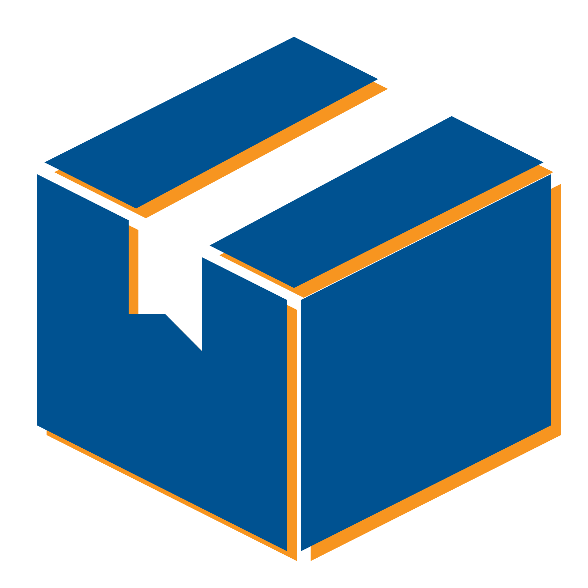 Blue and orange open cardboard box icon on a white background
