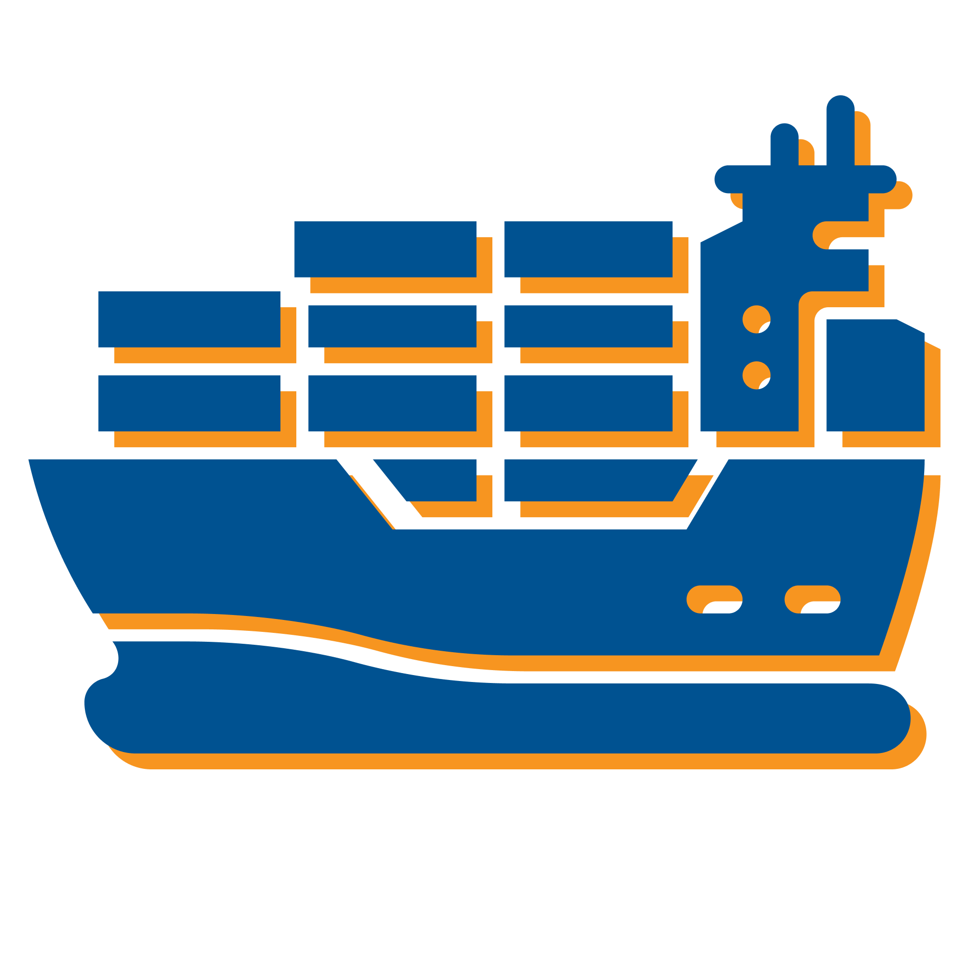 Blue and orange cargo ship icon with stacked containers and crane on the deck