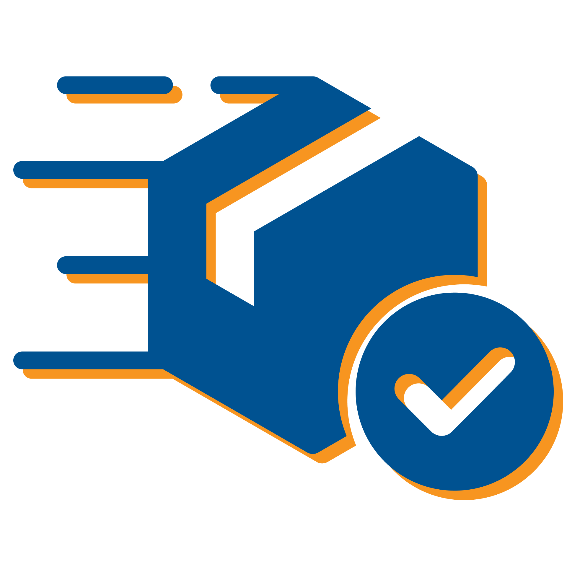Blue and orange delivery box with a checkmark badge, indicating confirmed or completed shipment