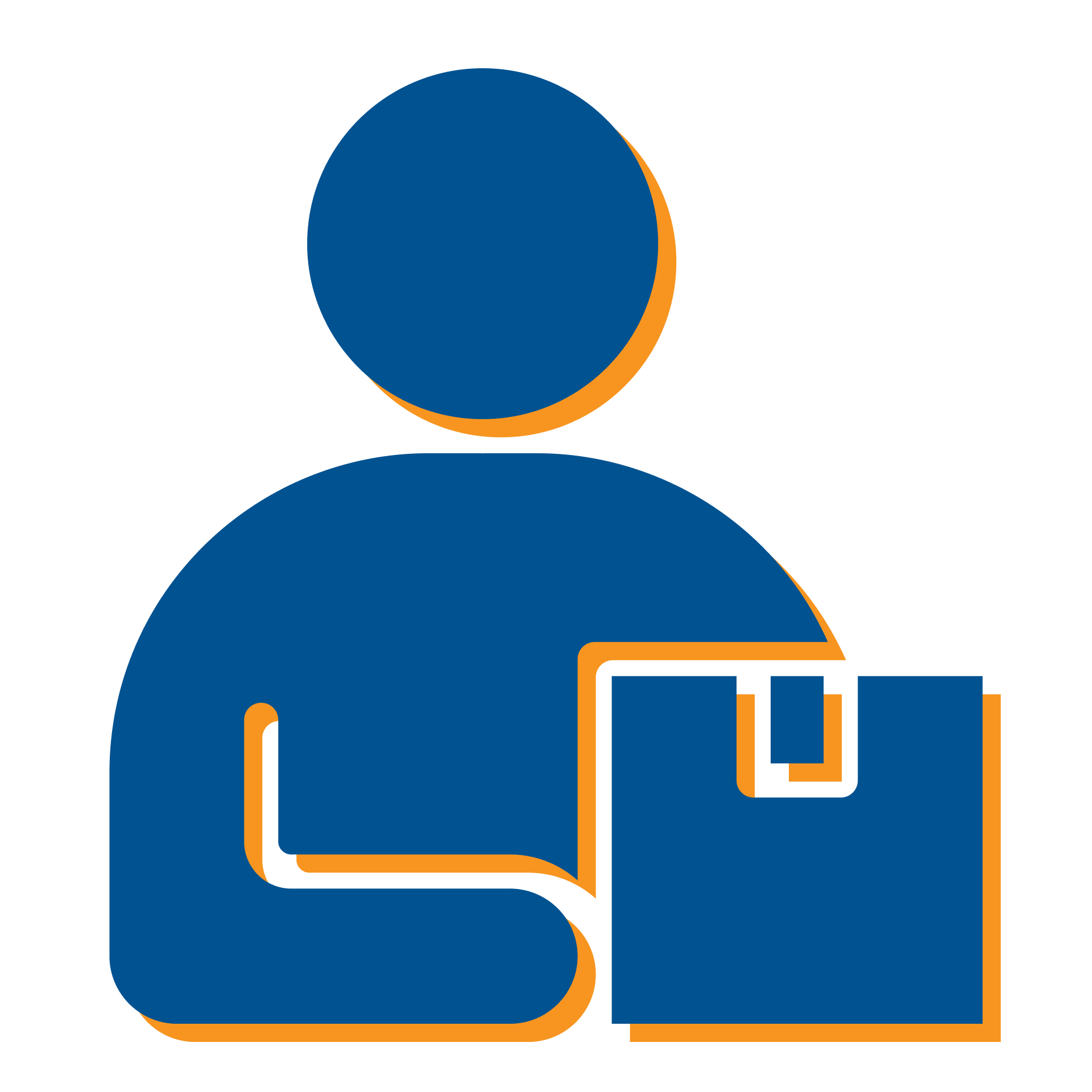 Blue and orange icon of a person holding a box or package
