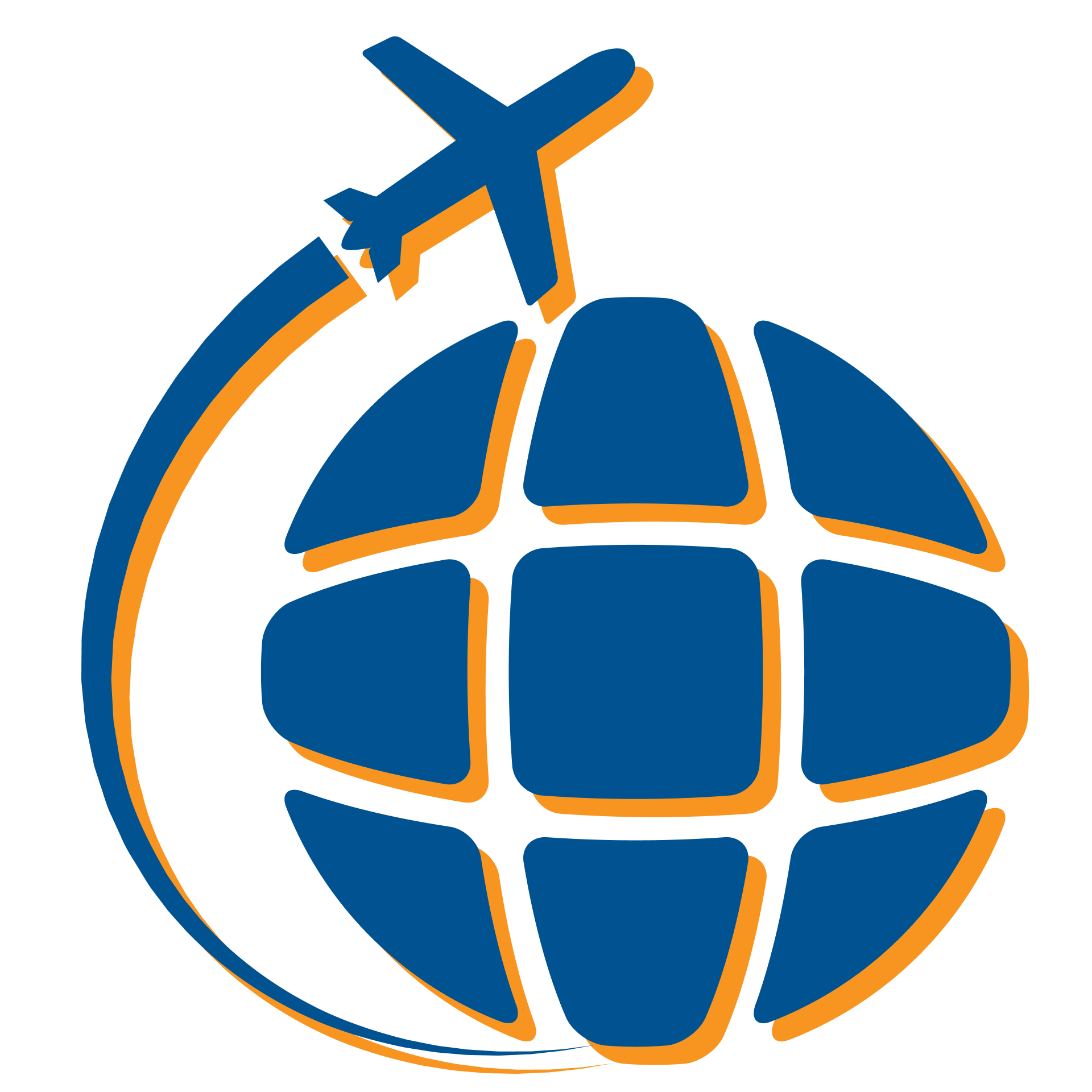 Blue and orange globe logo with a small airplane circling above it