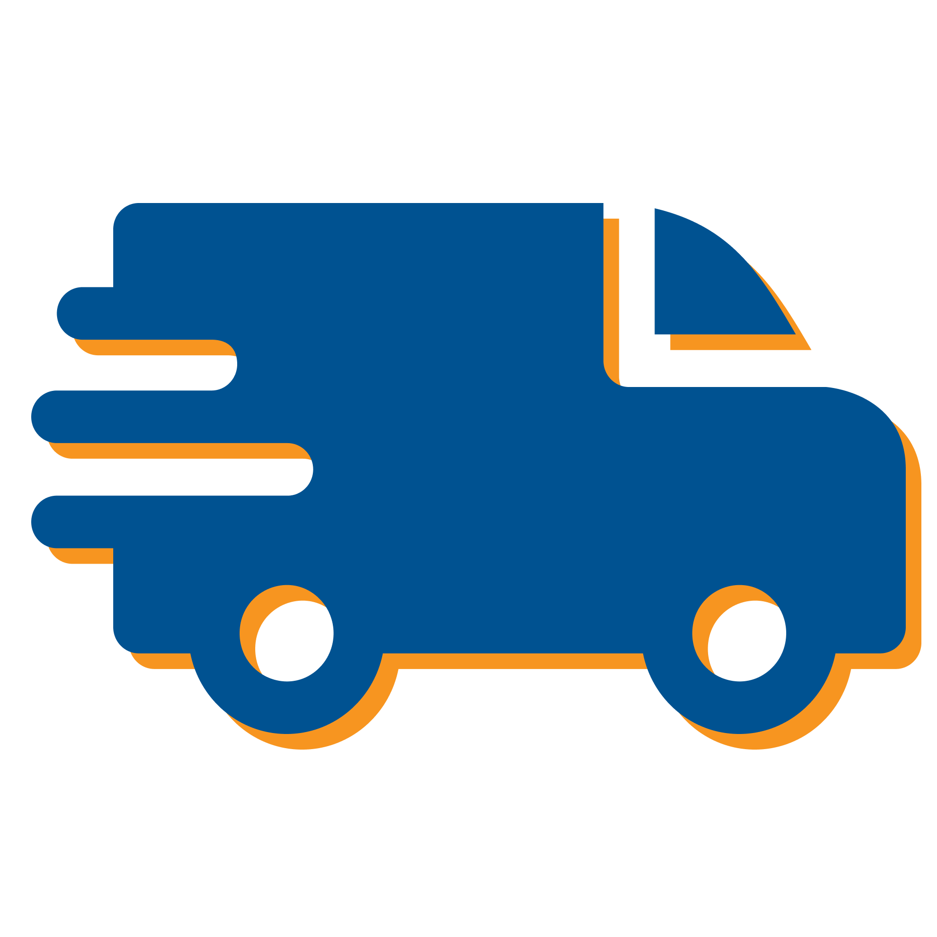 Blue delivery truck icon with orange shadow, side view