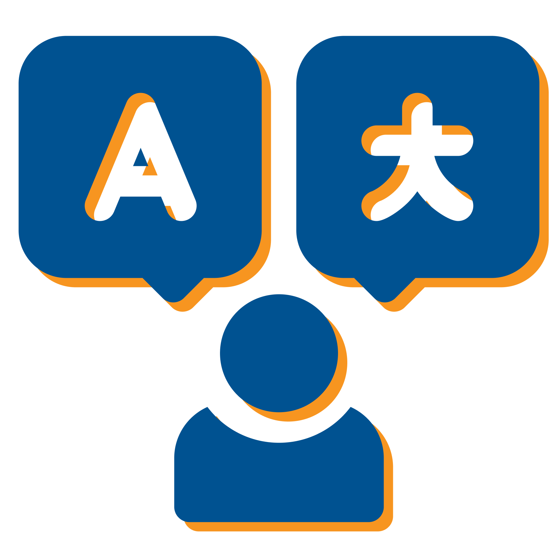 Blue chat bubbles with an “A” and a Chinese character above a person icon, suggesting translation or language exchange