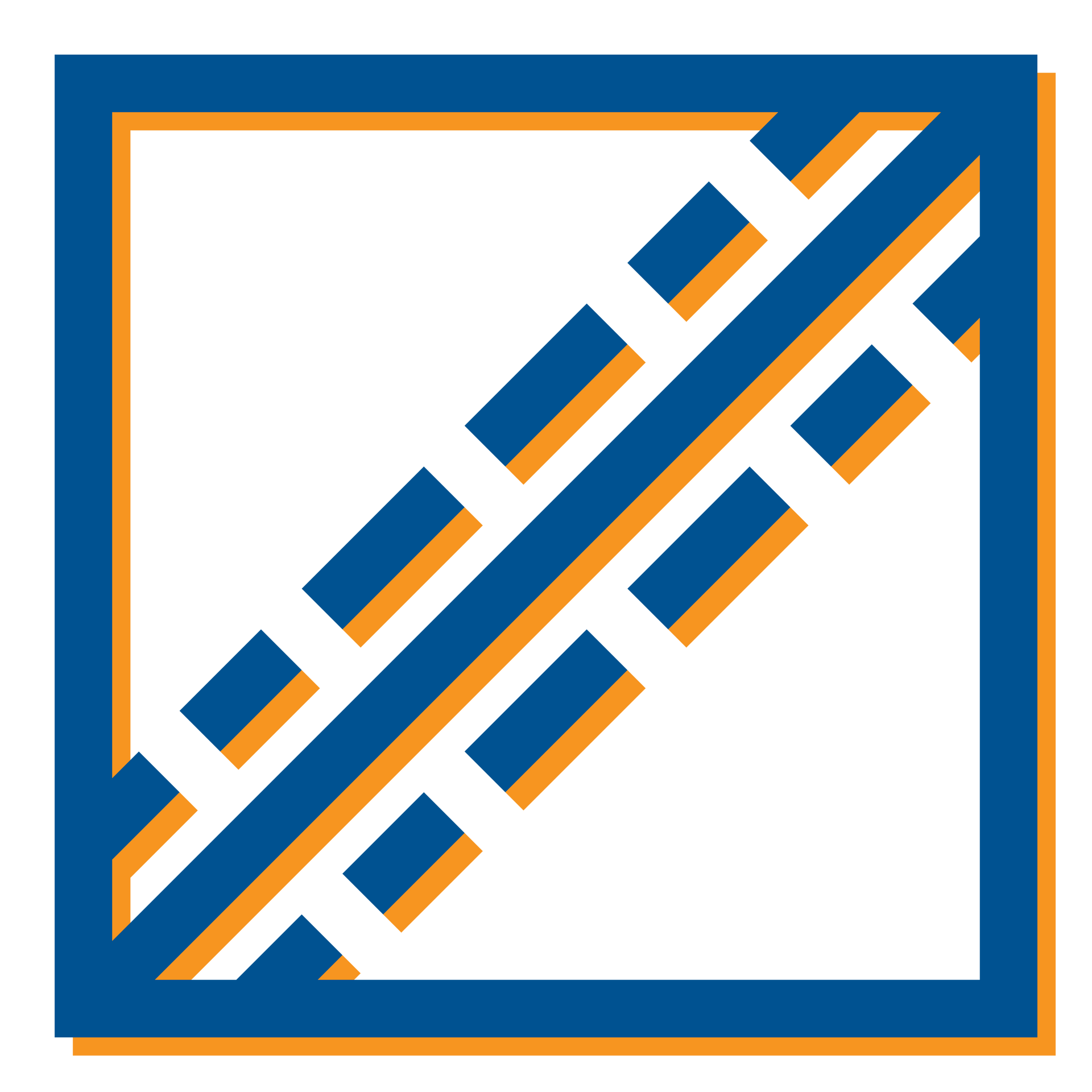 Blue, white, and orange geometric logo with diagonal striped bars in a square frame