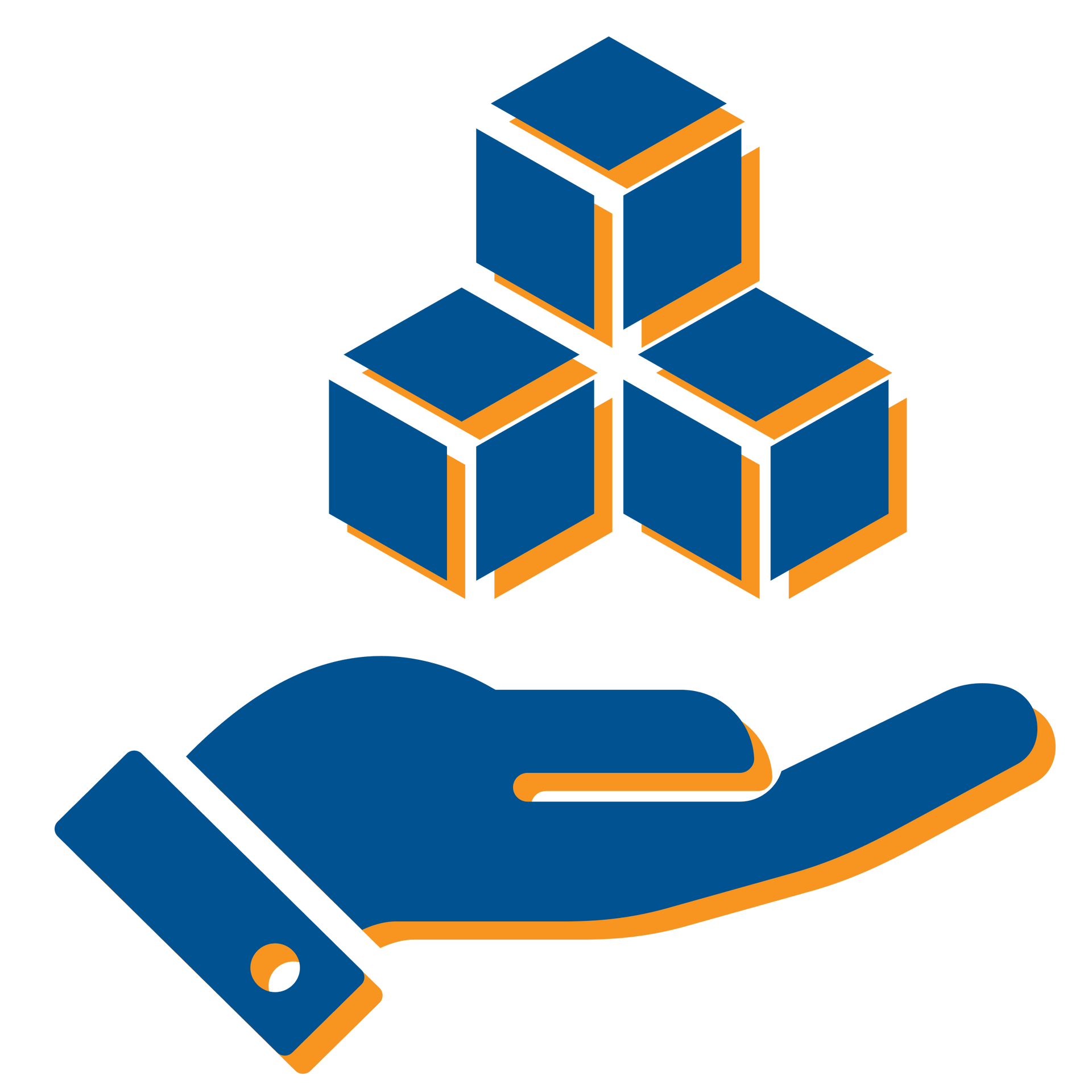 Blue and orange hand holding stacked cubes icon