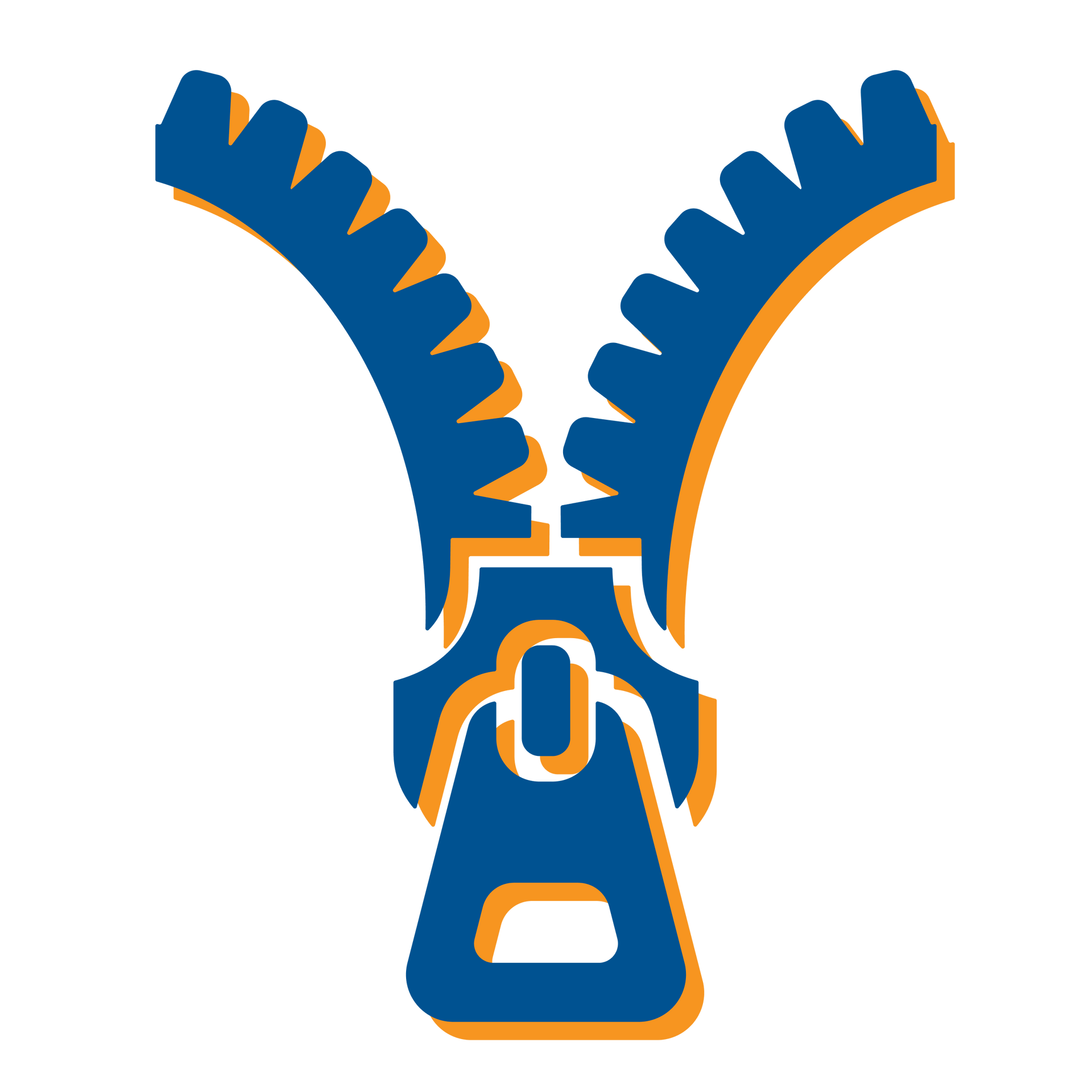Blue and orange zipper icon with teeth open in a curved shape on white background