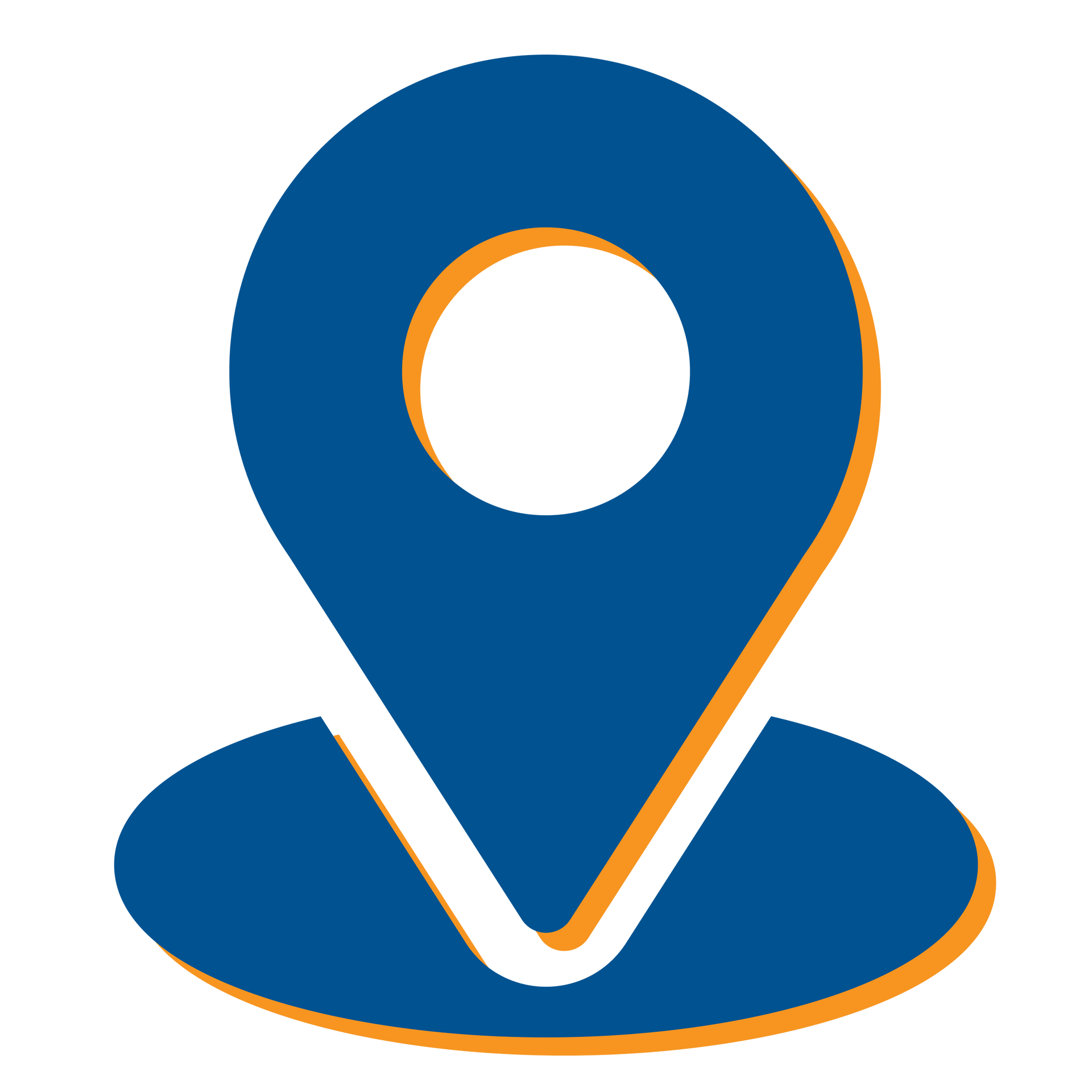 Blue location pin icon with orange accent and white center, sitting on a curved base