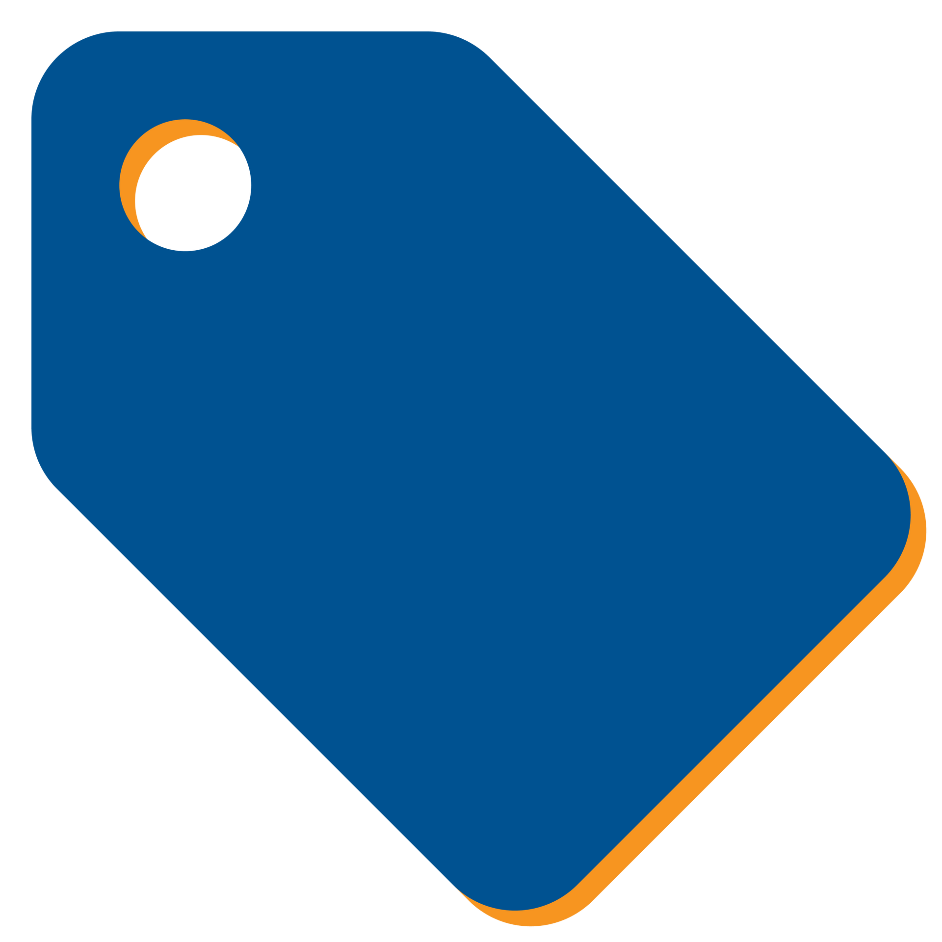 Blue price tag icon with orange accent and hole in the corner