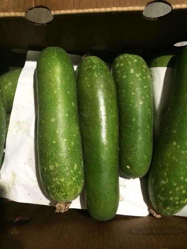 Box of oblong, green winter Mo  qua with speckled skin.