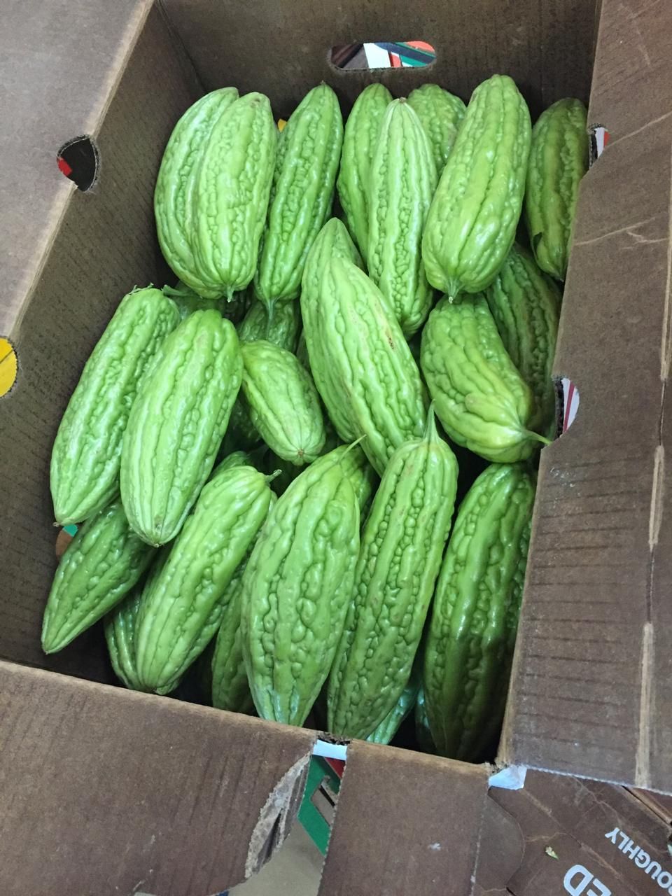 Box of green, oblong bitter melons with bumpy skin.