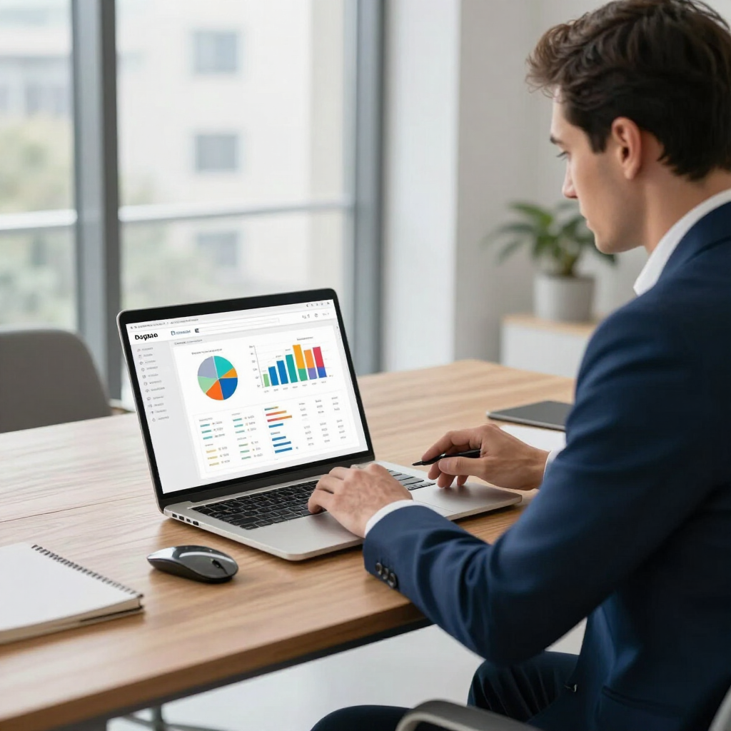 Financial advisor in a suit working on a laptop with growth charts displayed on screen.