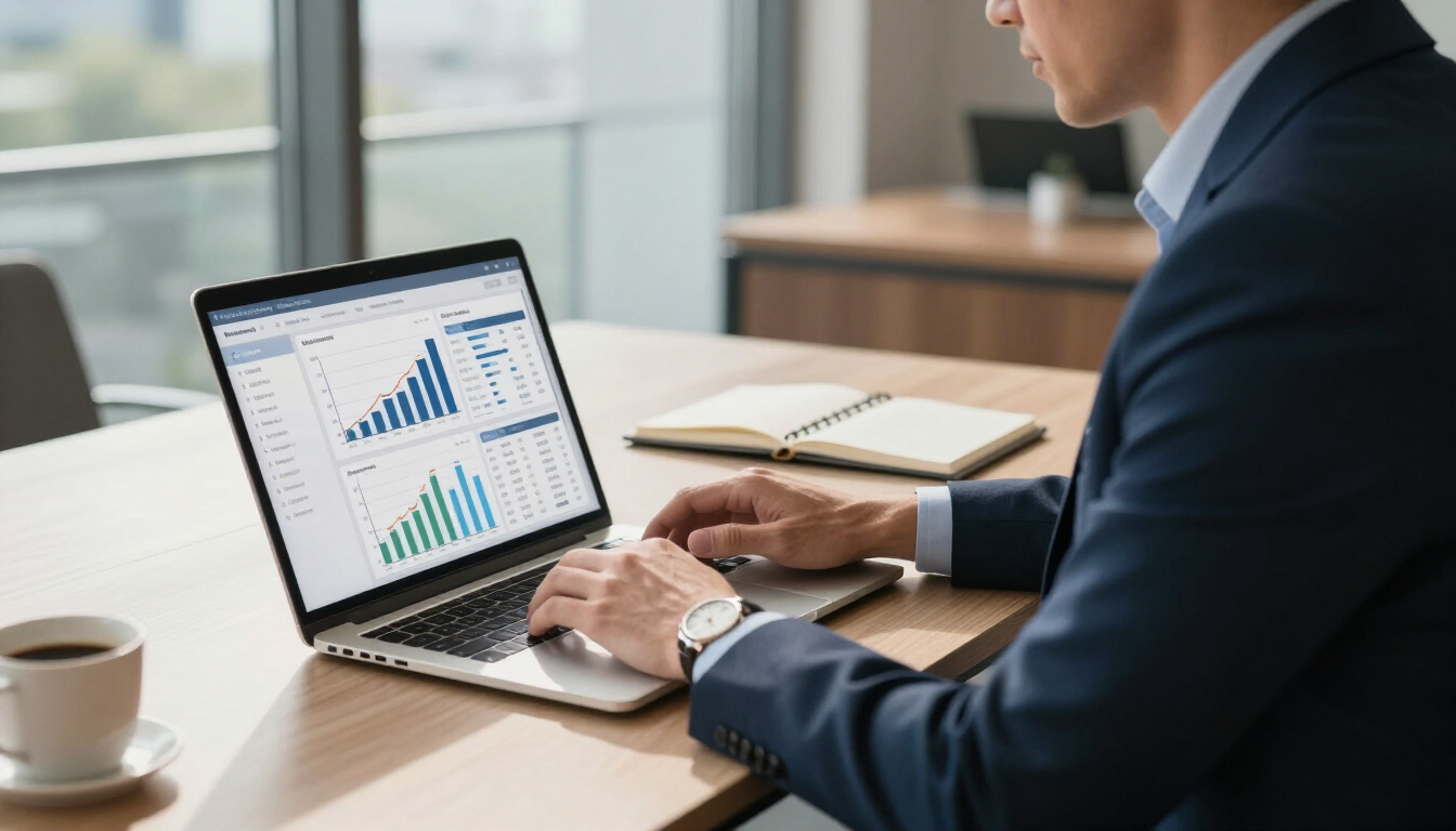 Financial advisor reviewing marketing metrics dashboard