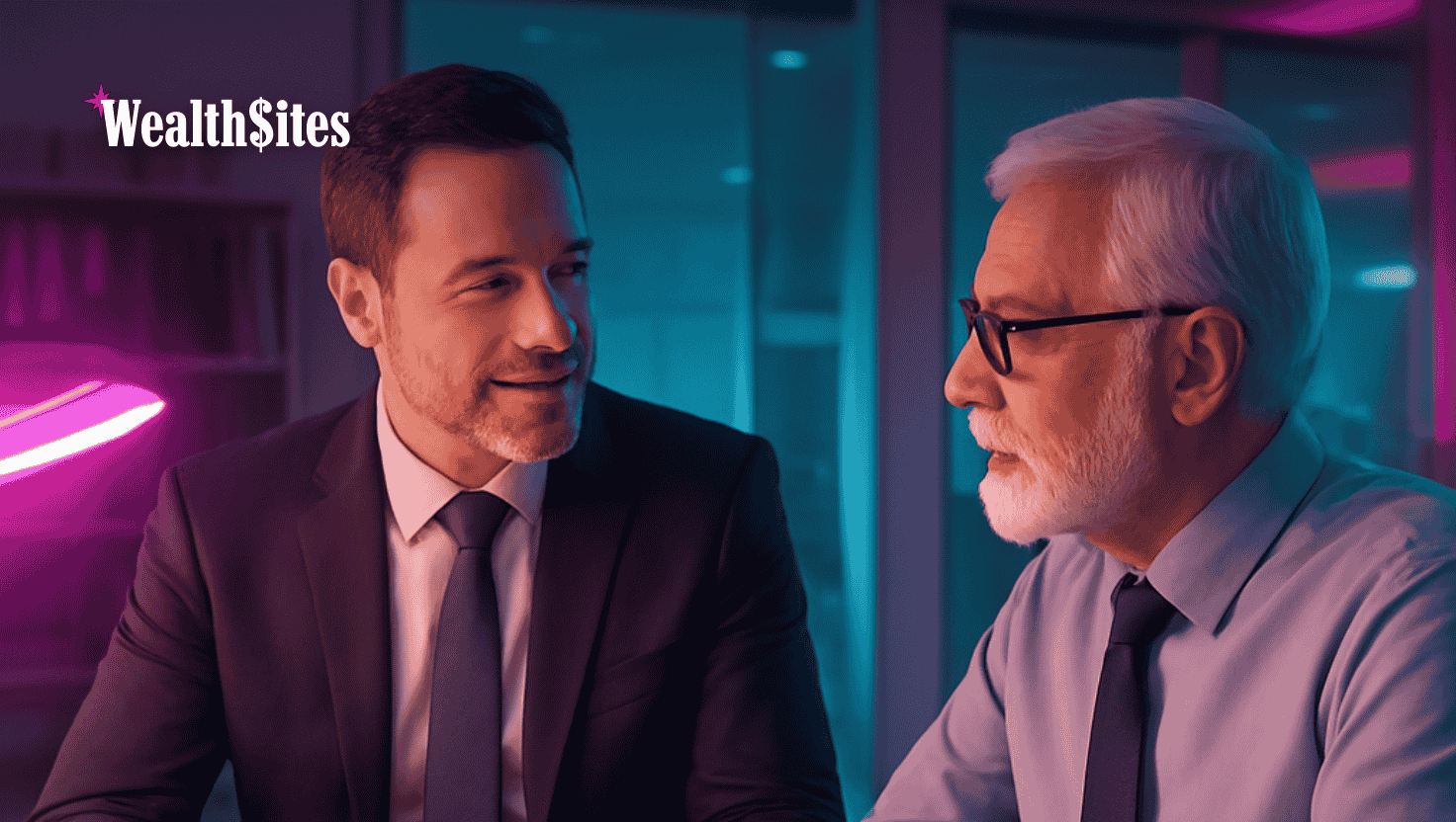 Founding RIA advisor mentoring a next-gen successor during a strategy meeting in a modern office
