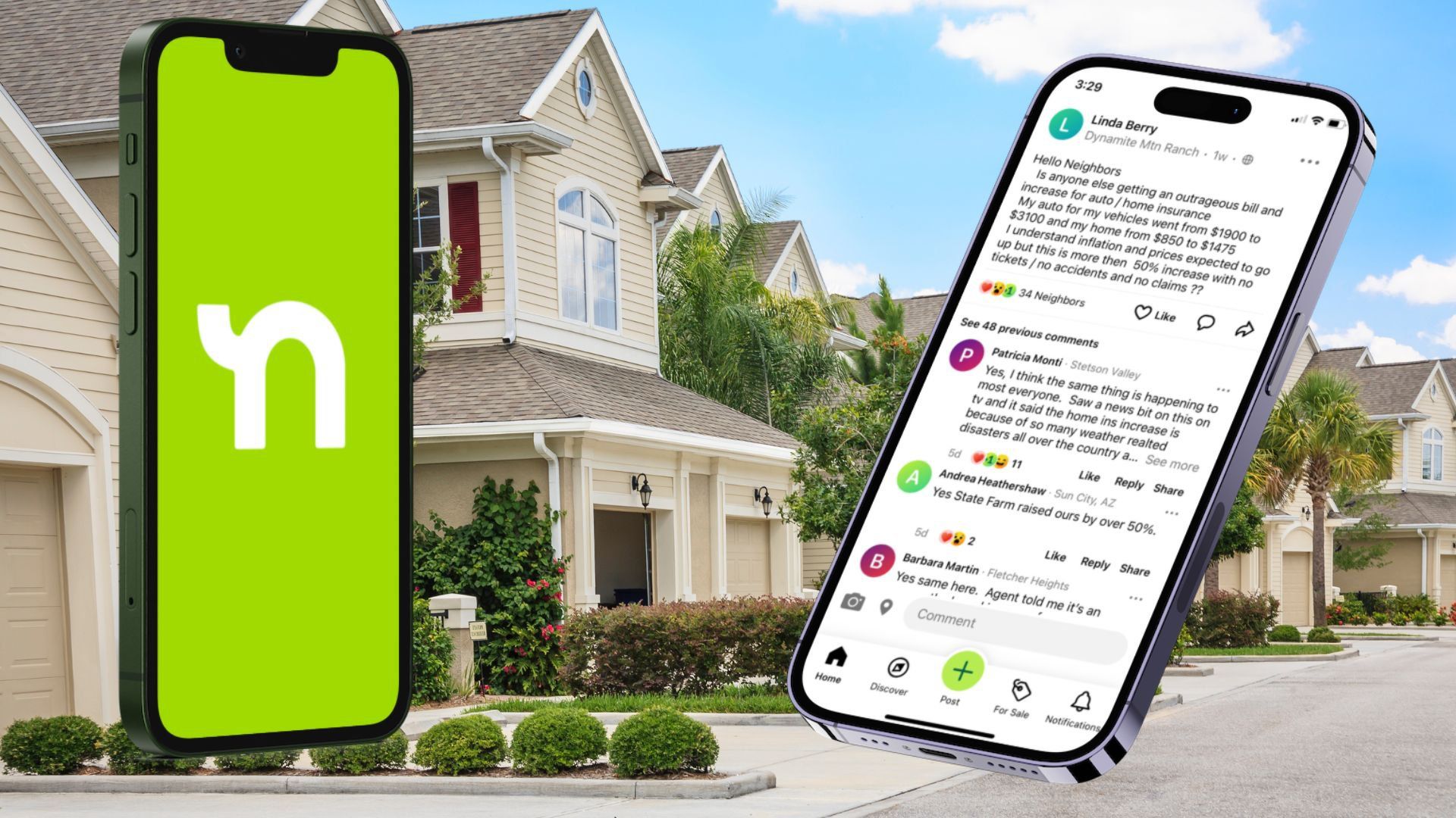 Two smartphones in front of a suburban house, one showing a green app screen and the other a messaging app.