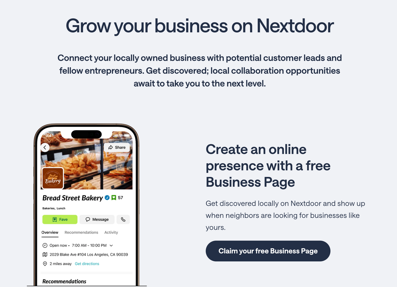 Nextdoor ad: “Grow your business” with phone mockup and “Create an online presence with a free Business Page”
