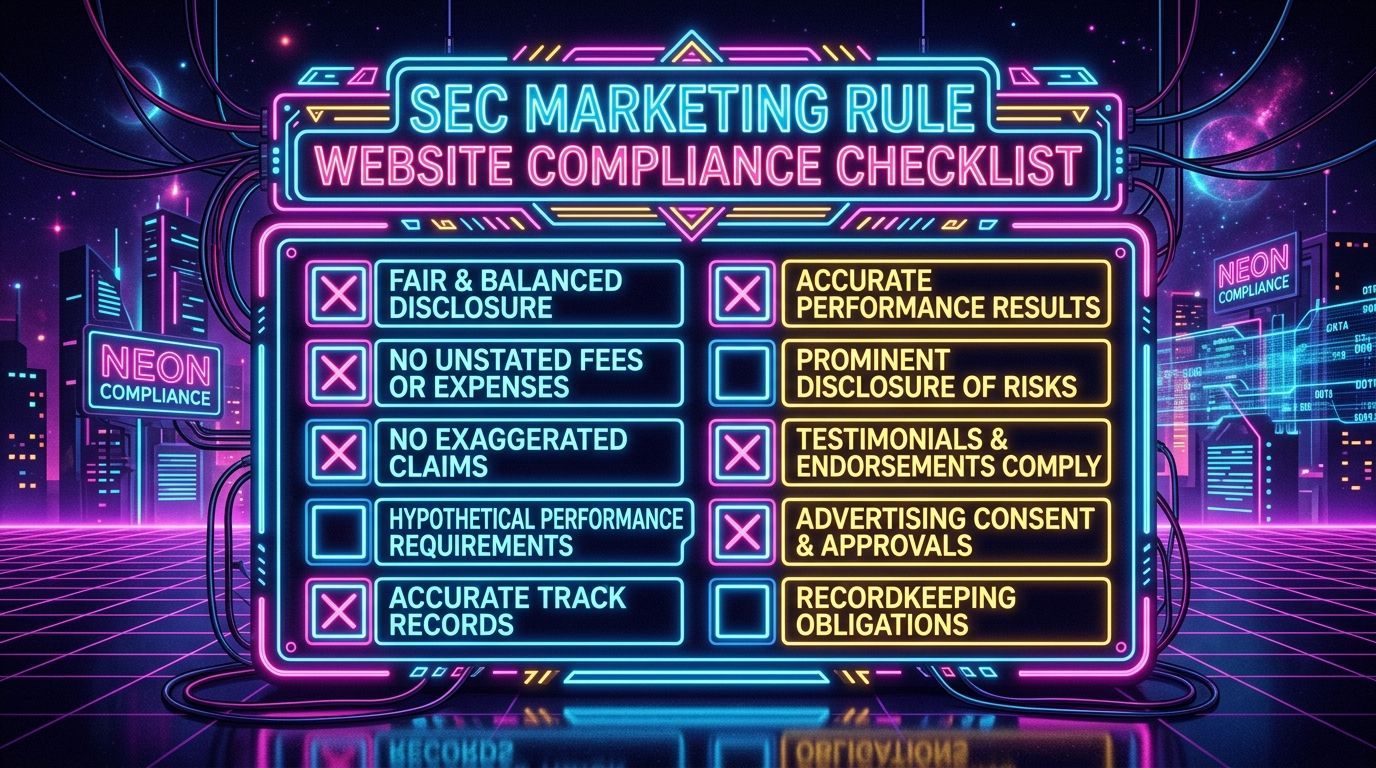 Neon “SEC Marketing Rule Website Compliance Checklist” infographic with colorful checklist items on dark background