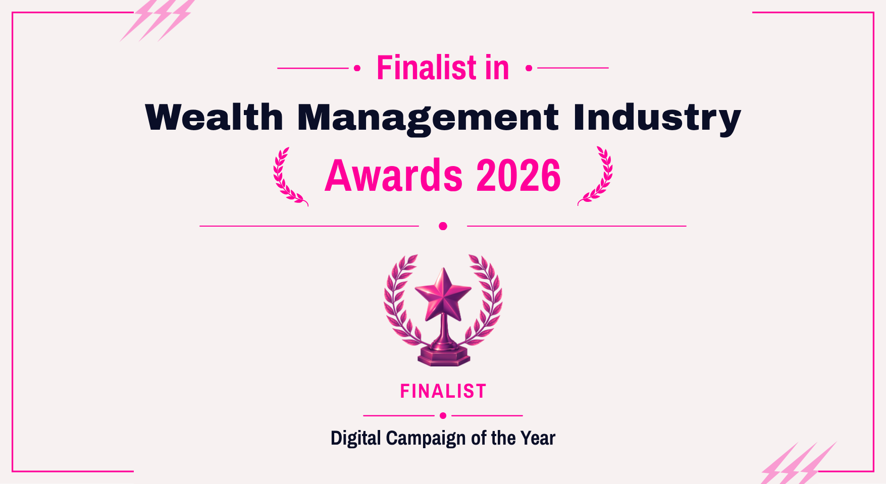 Finalist badge for Wealth Management Industry Awards 2026 on a pink and white banner