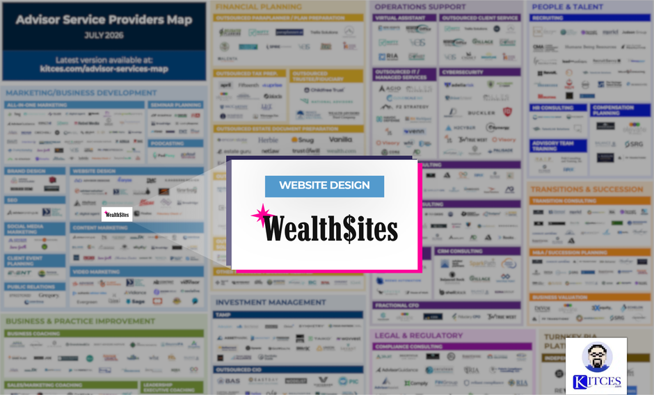 Advisor service provider map collage with central WealthSites logo on a blue and pink banner