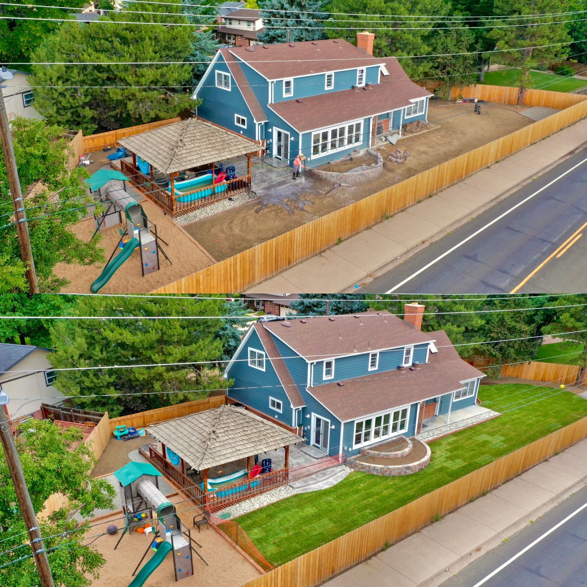 Comparison of house exterior: before with dirt yard, after with green grass. Blue house, brown roof.
