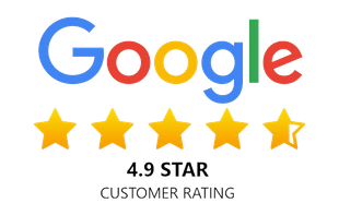 Google logo with 4.9-star customer rating, showing five stars, with the last star partially filled.