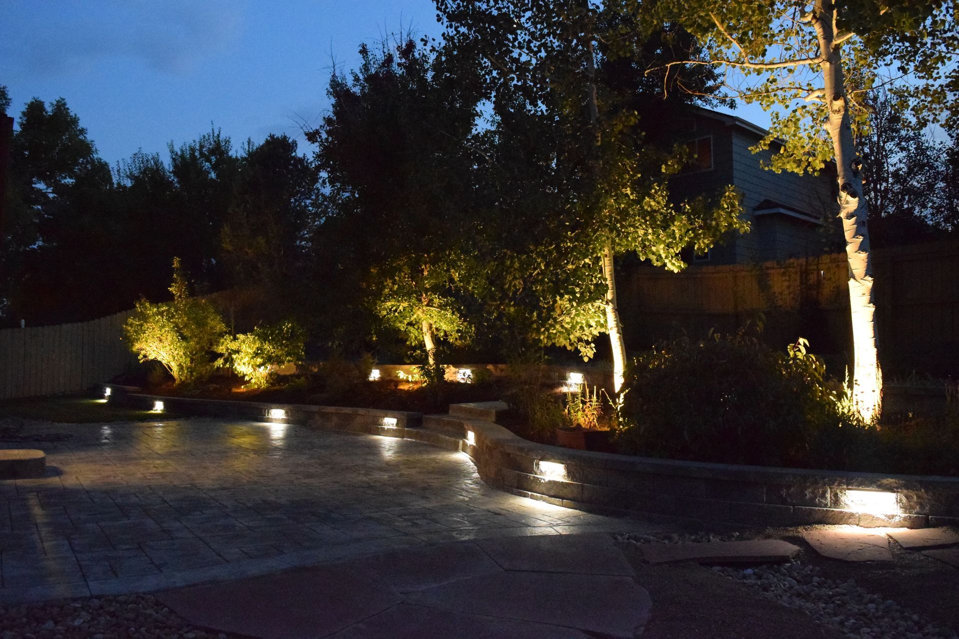 Exterior night scene with pathway lighting illuminating trees and a paved patio.