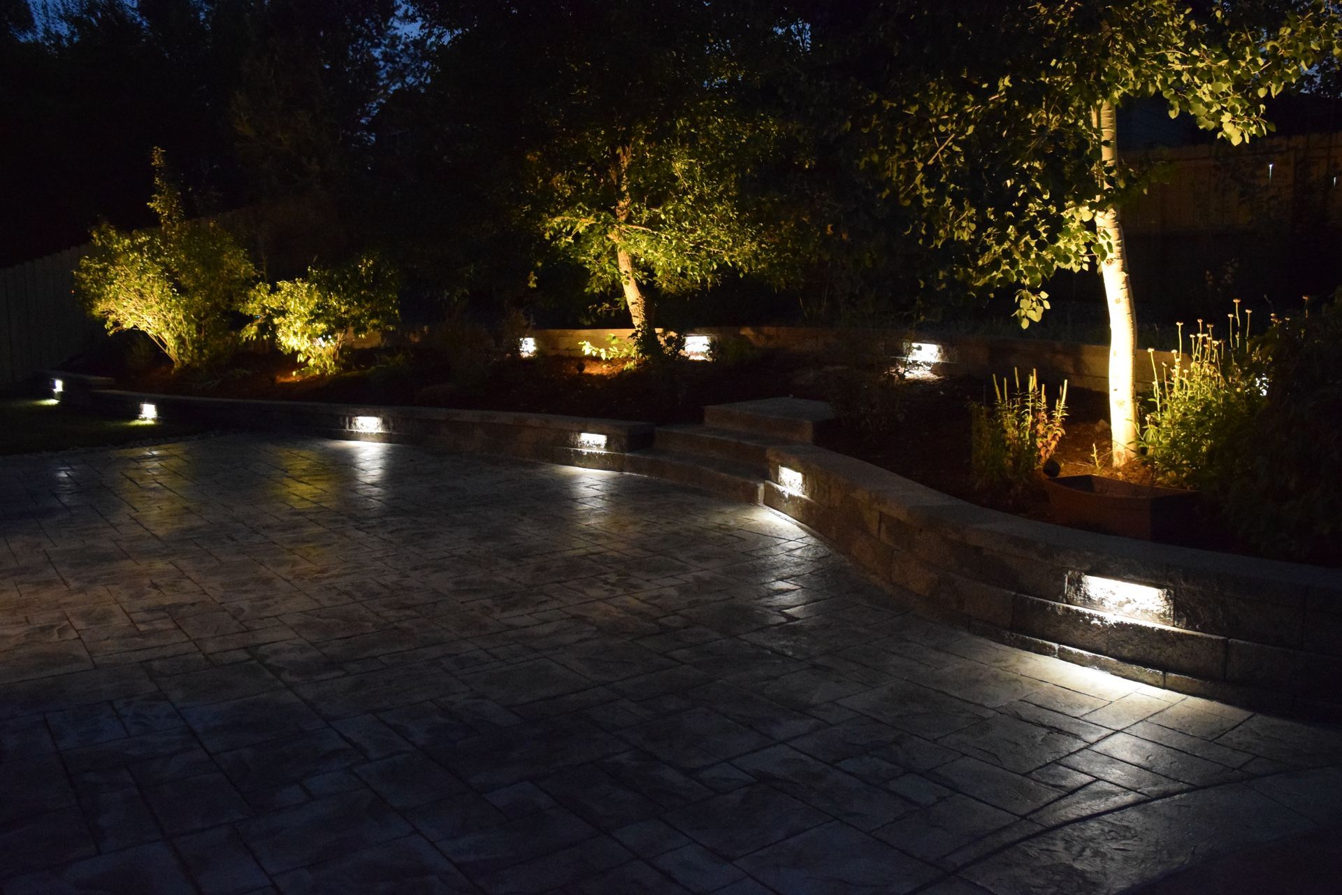 Nighttime landscape with illuminated trees, patio, and built-in wall lights.