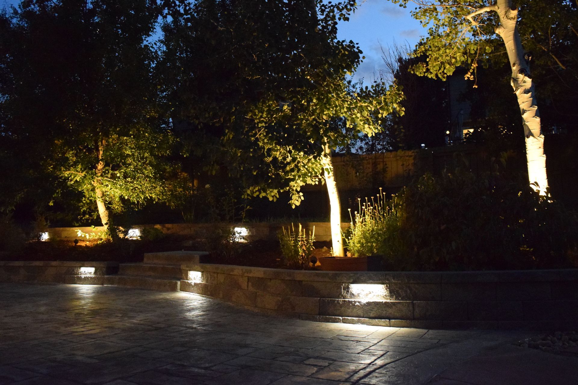 Lit trees and stone walls at dusk; outdoor landscape lighting.