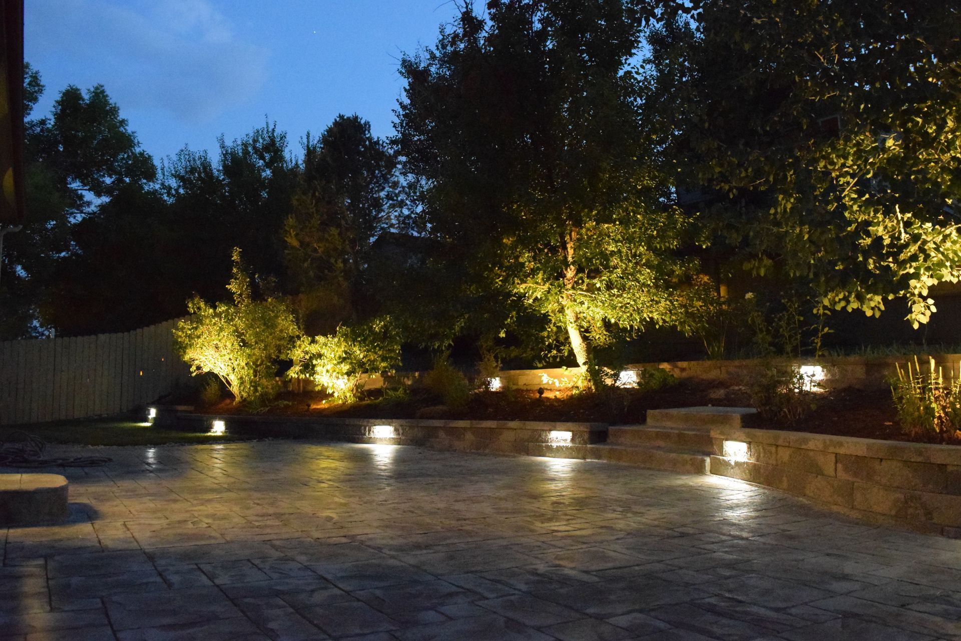 Night view of a backyard patio with installed lights illuminating trees, steps, and pathways.