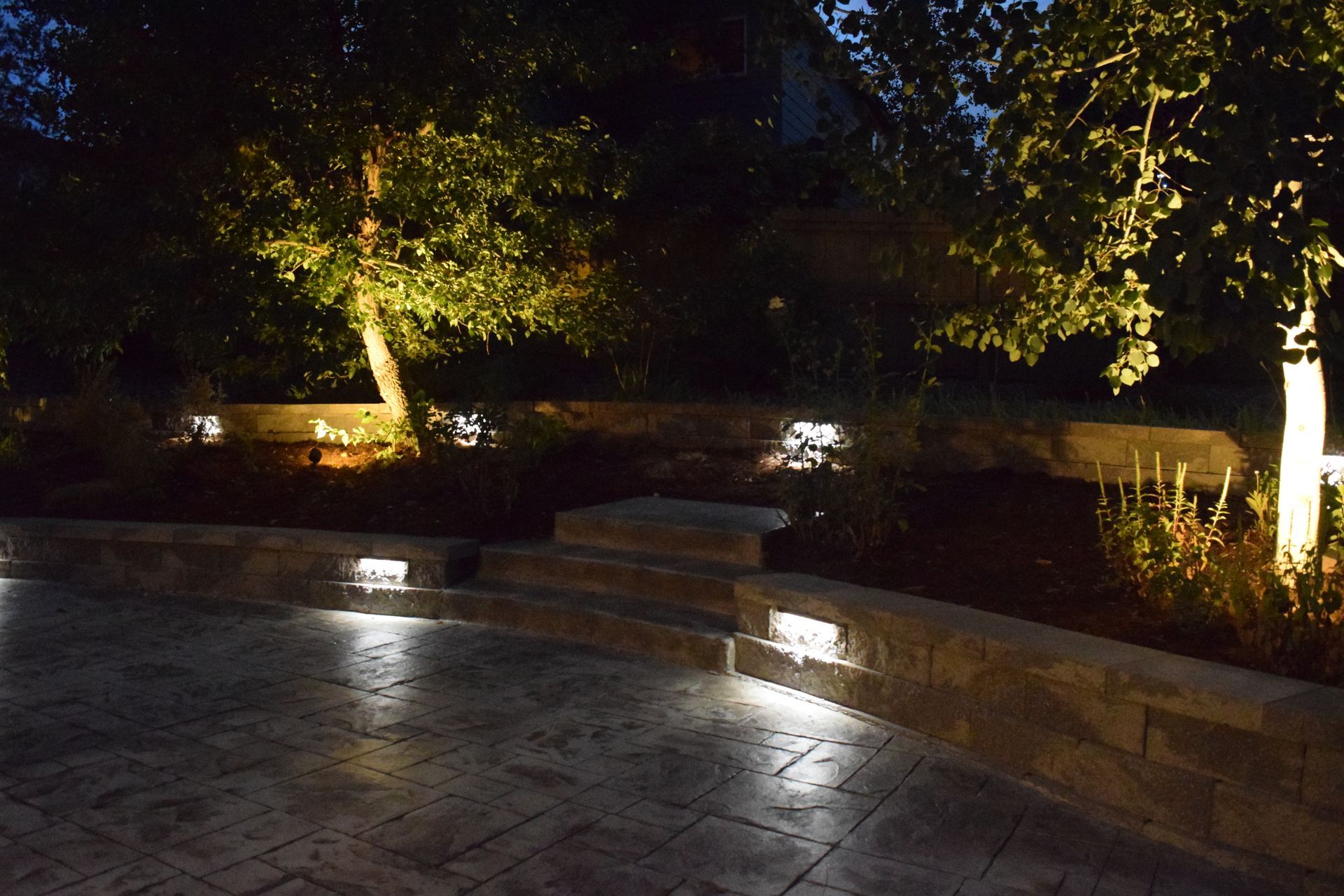 Nighttime landscape with illuminated trees, stone walls, and patio steps.