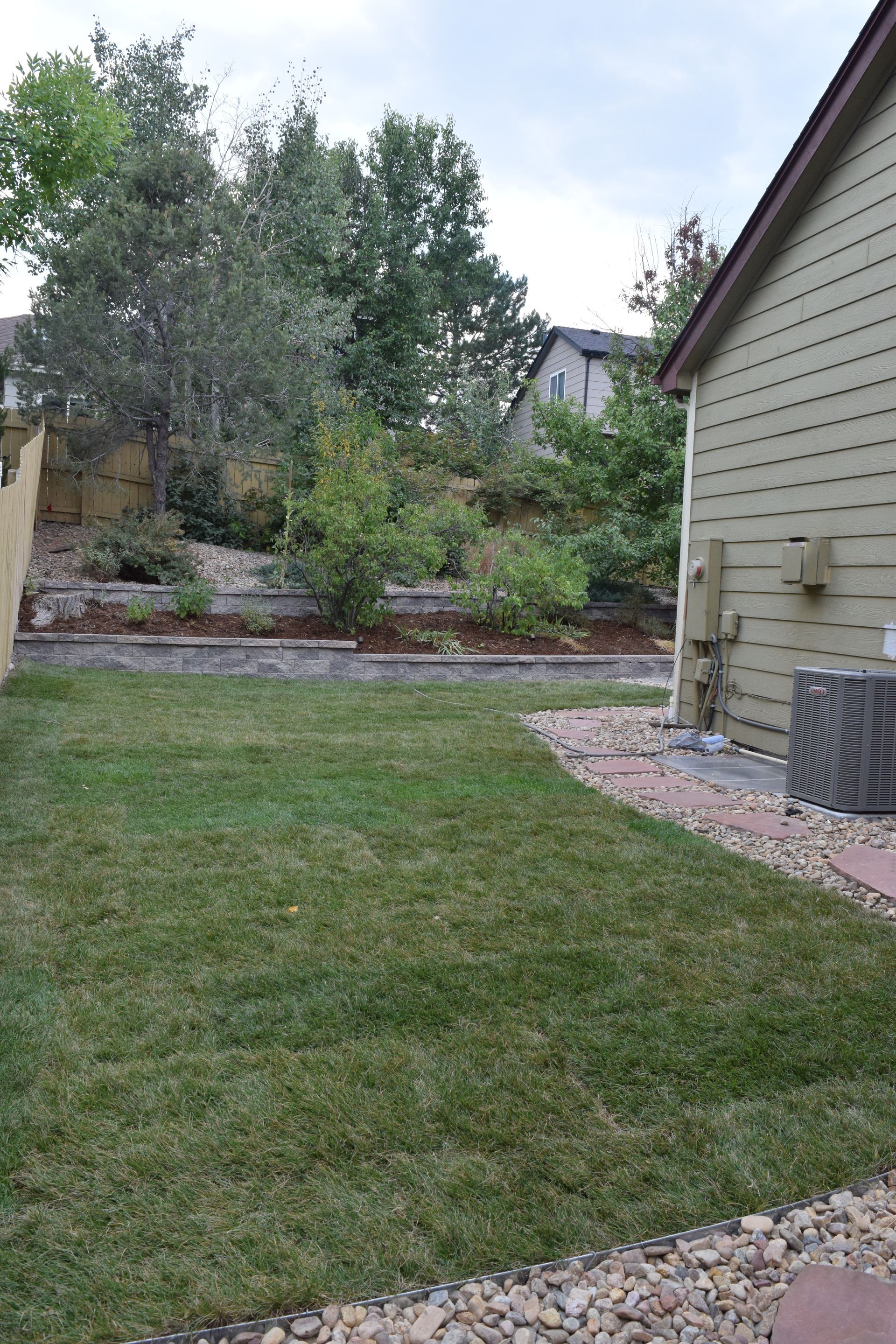 Green lawn next to a house with a stone border and a sloped, planted garden in the background.
