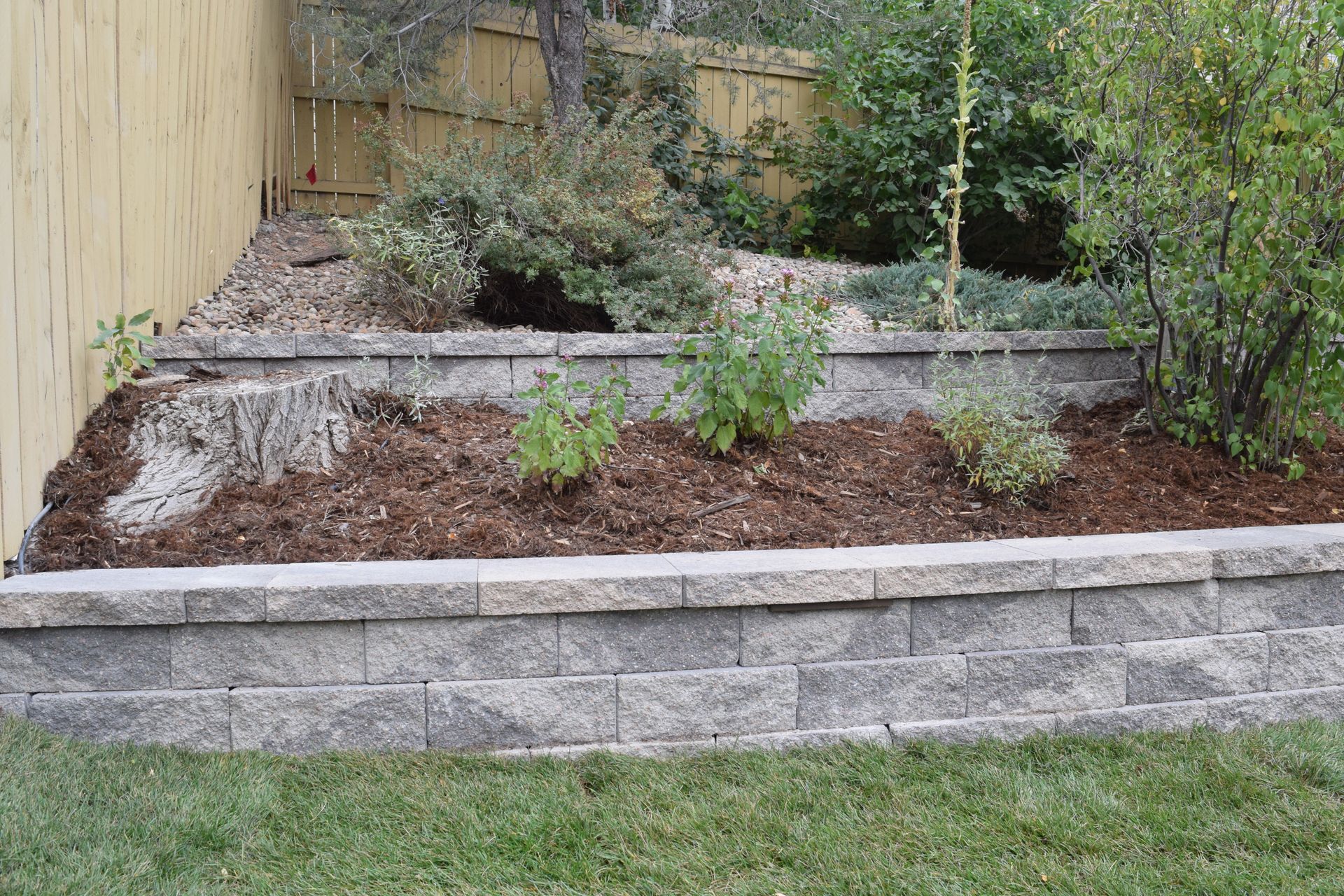 Retaining wall made of gray blocks in a yard, holding back a bed of plants and mulch, near a wooden fence.