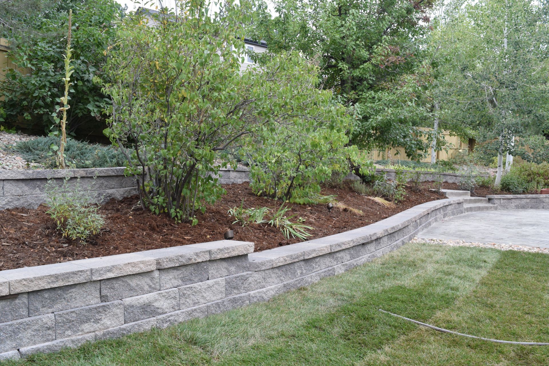 Brick retaining wall borders a garden bed with shrubs and trees. Green grass in the foreground.