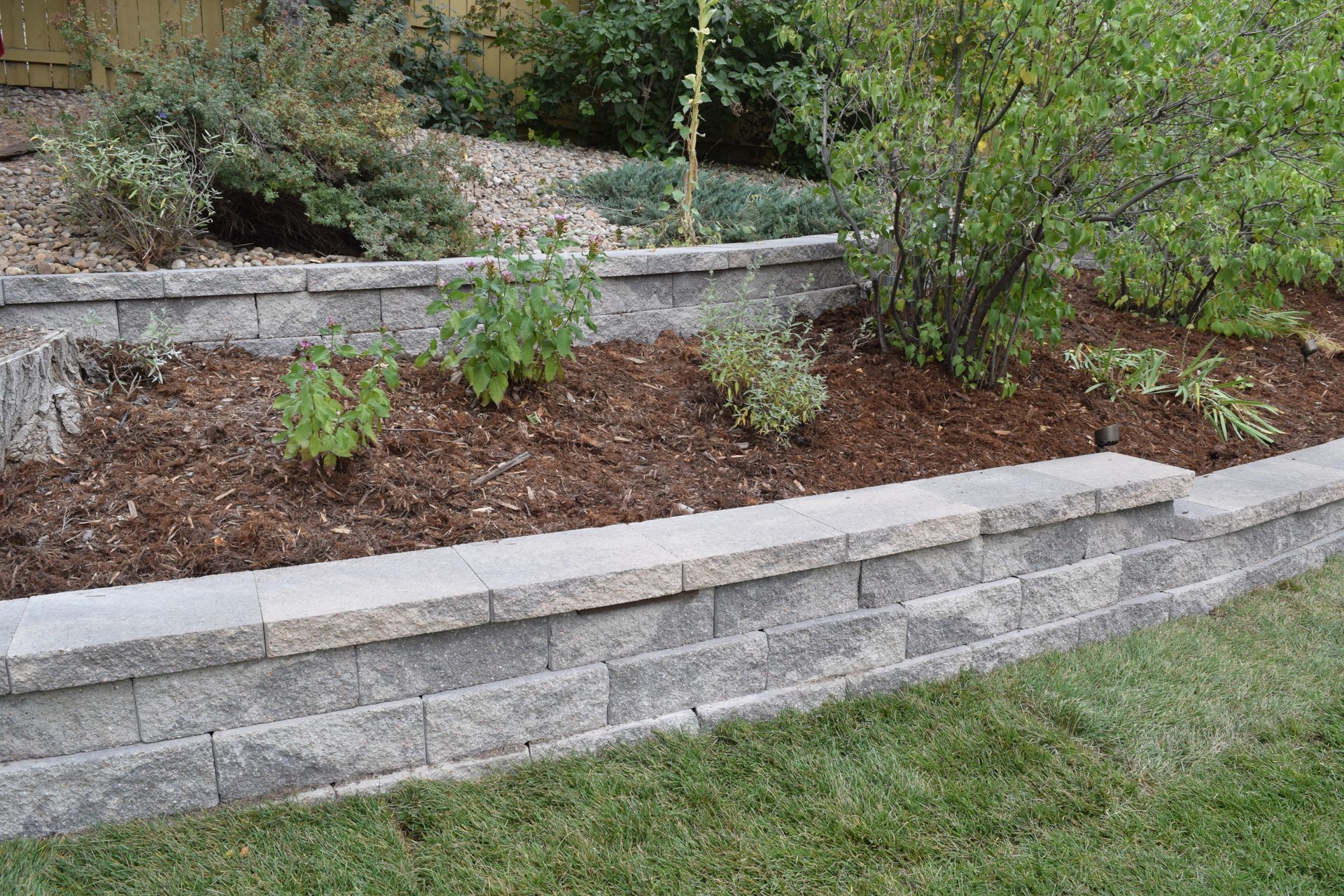 Stone retaining wall with plants and mulch, green grass in front.