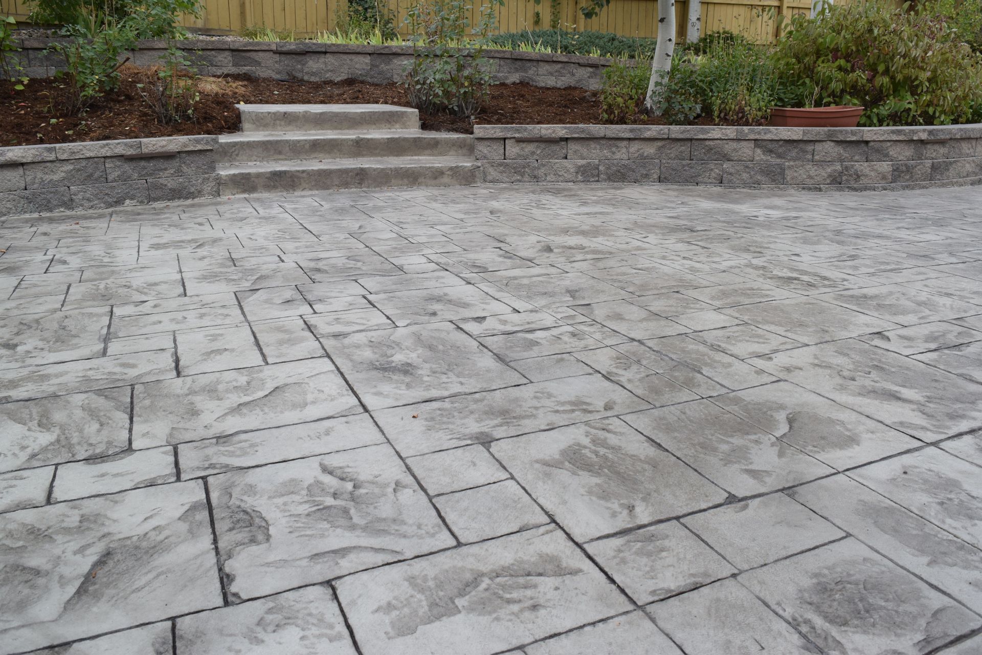 Stamped concrete patio with steps leading to a raised garden bed with plants.