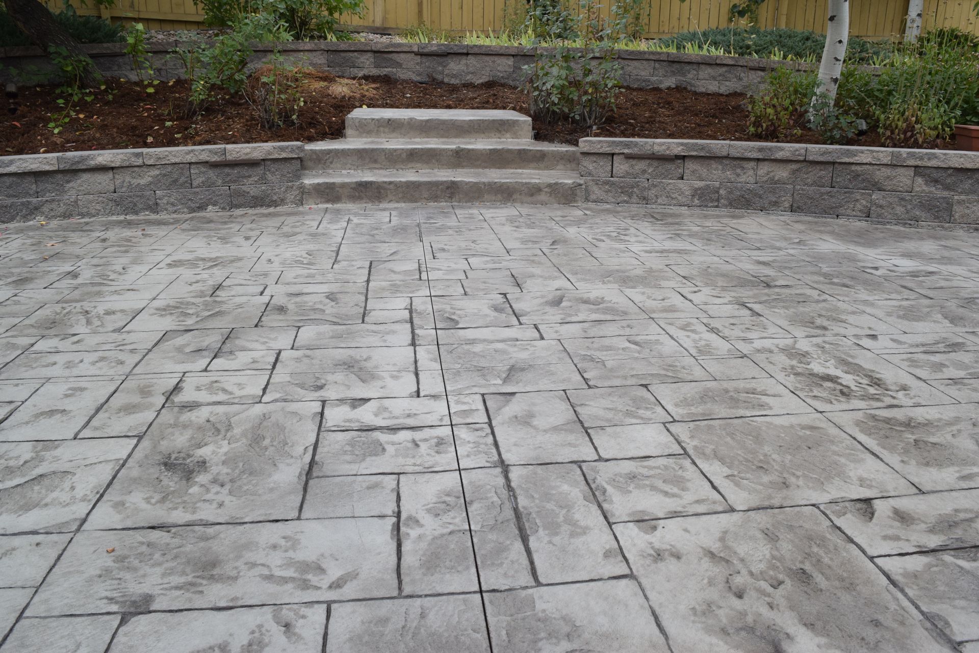 Stamped concrete patio with steps leading to a raised garden bed with plants.