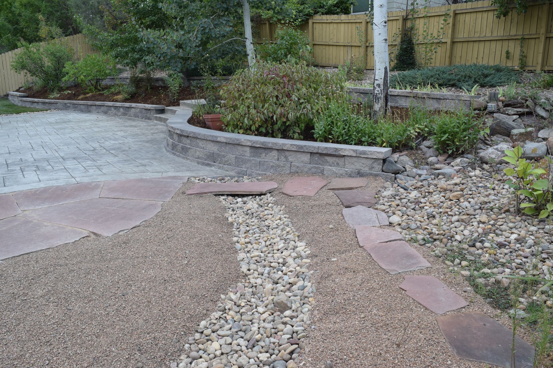 A landscaped yard with stone path, gravel, and a retaining wall.