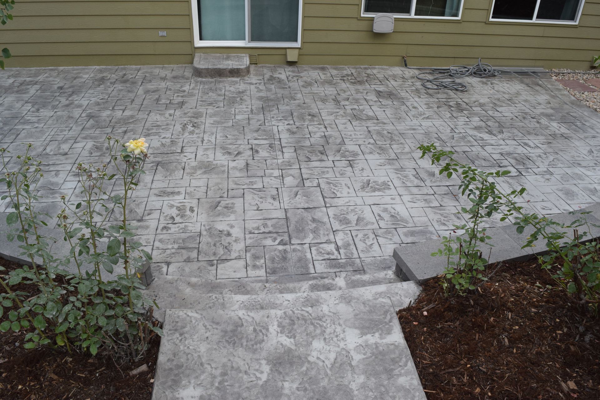 Stamped concrete patio with steps leading to a yard, plants on either side, against a house.