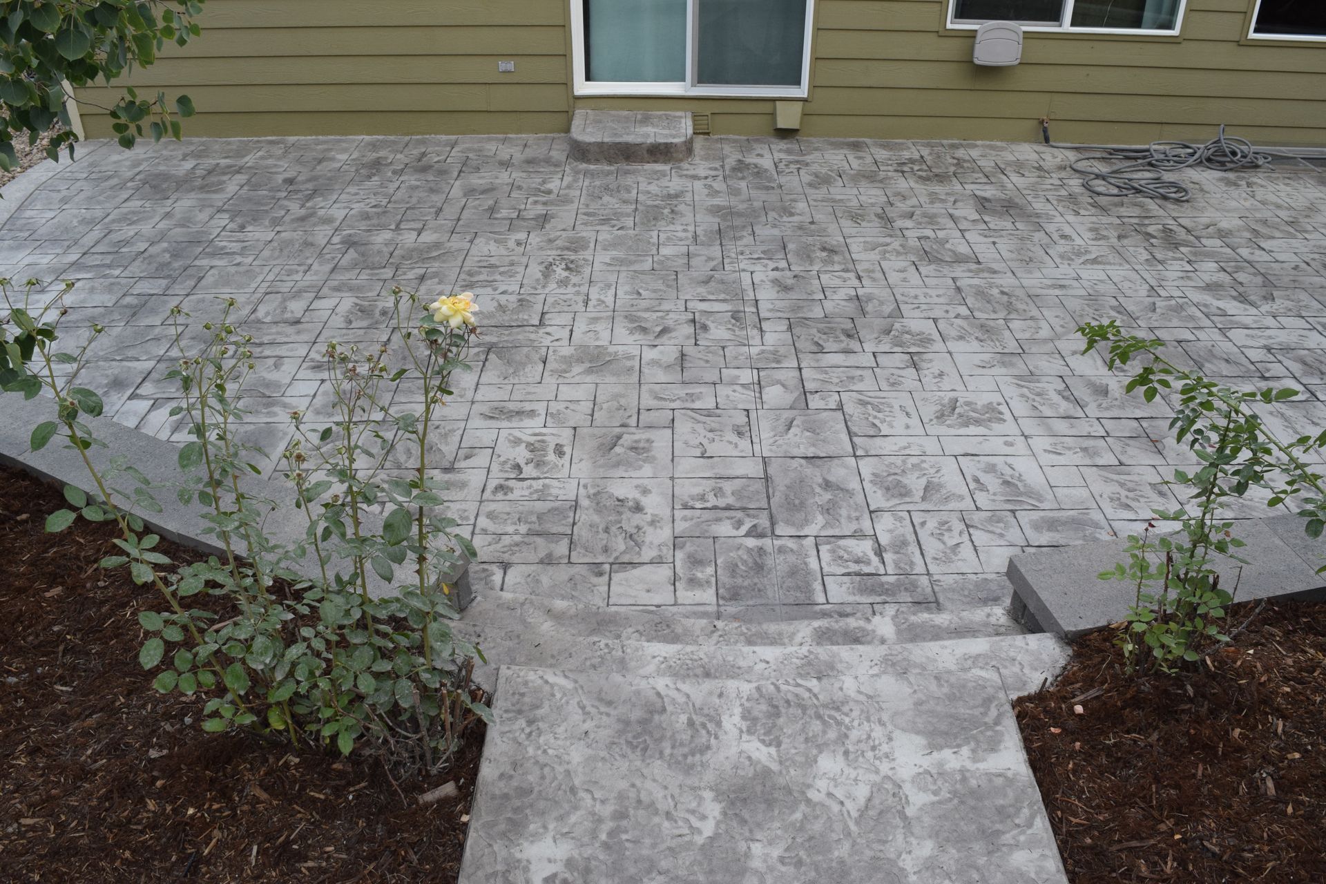 Stamped concrete patio with a rose bush in front of a house.