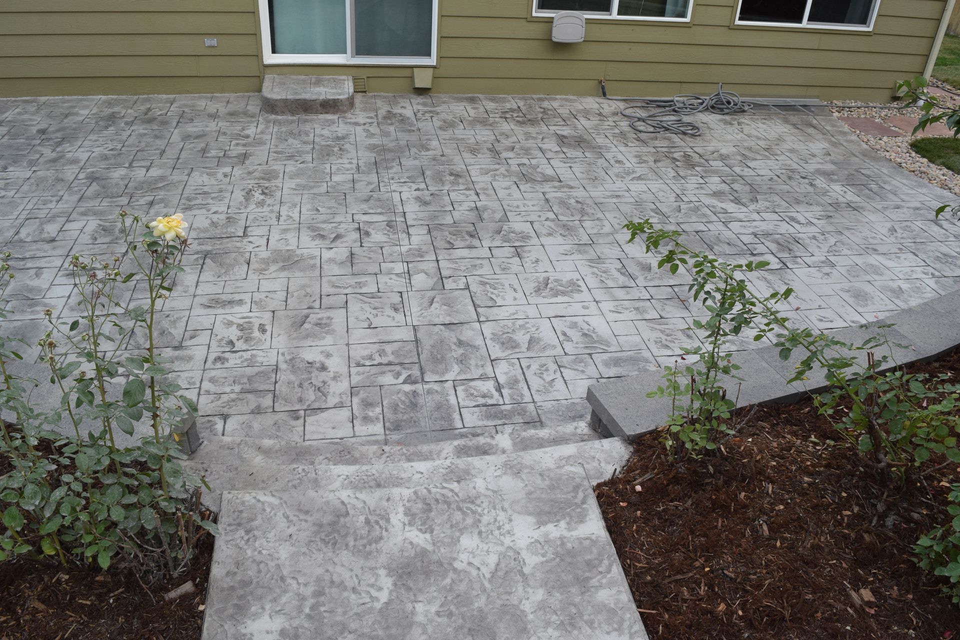 Concrete patio with steps, bordered by plants, leading to a house with windows.