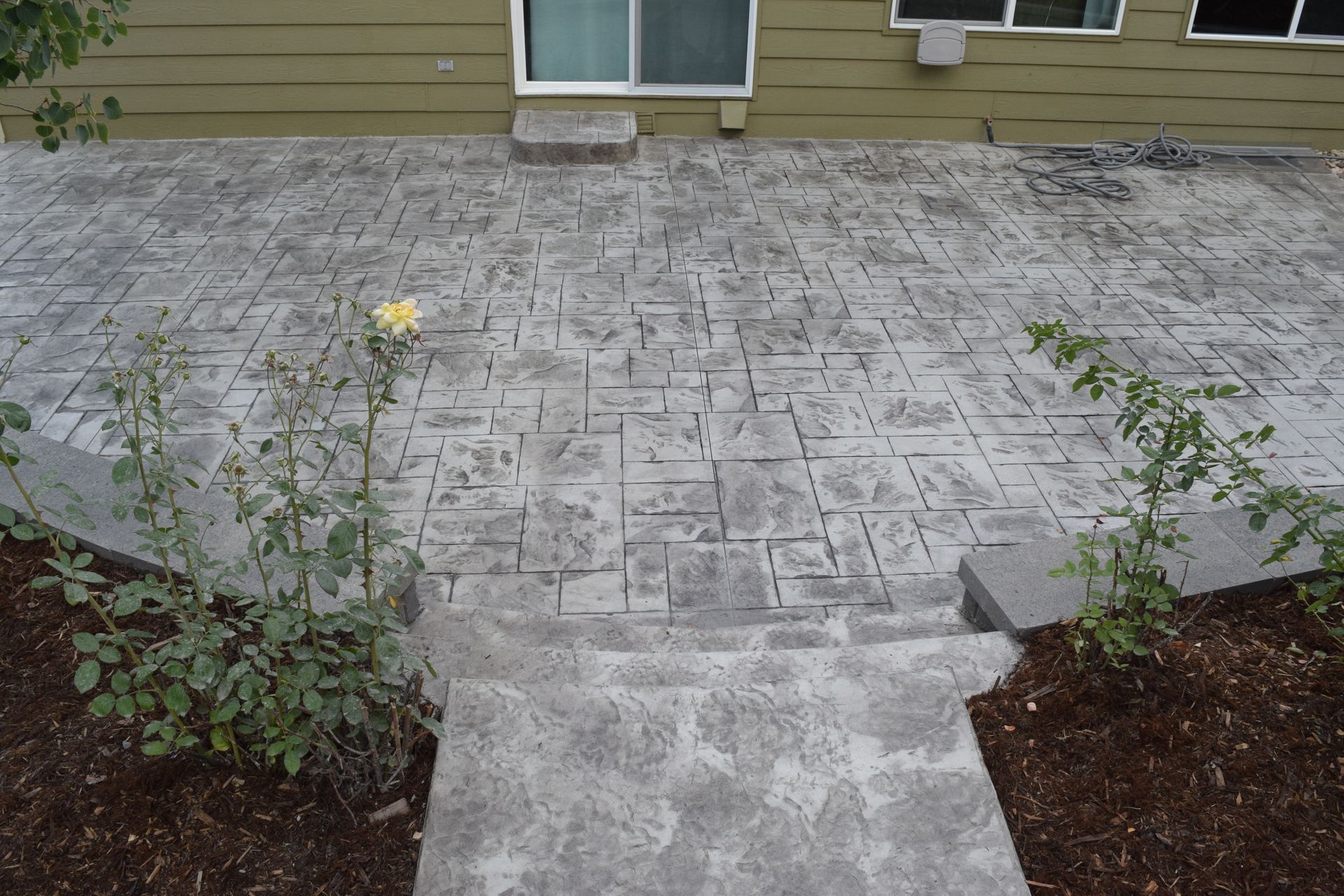 Concrete patio with steps, framed by plants and a house.