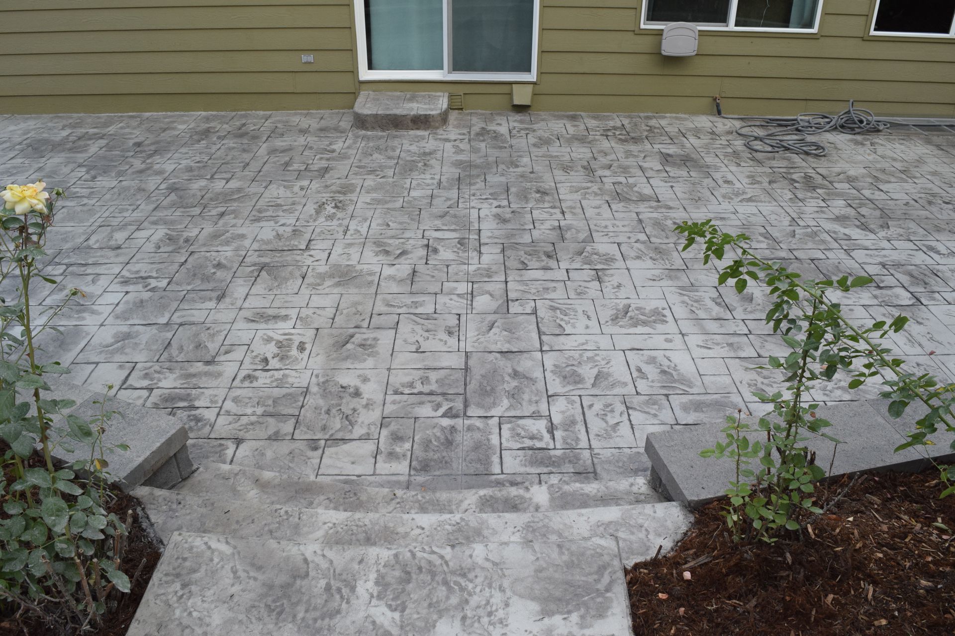 Concrete patio with steps, next to a house. Rose bushes are on each side of the steps.