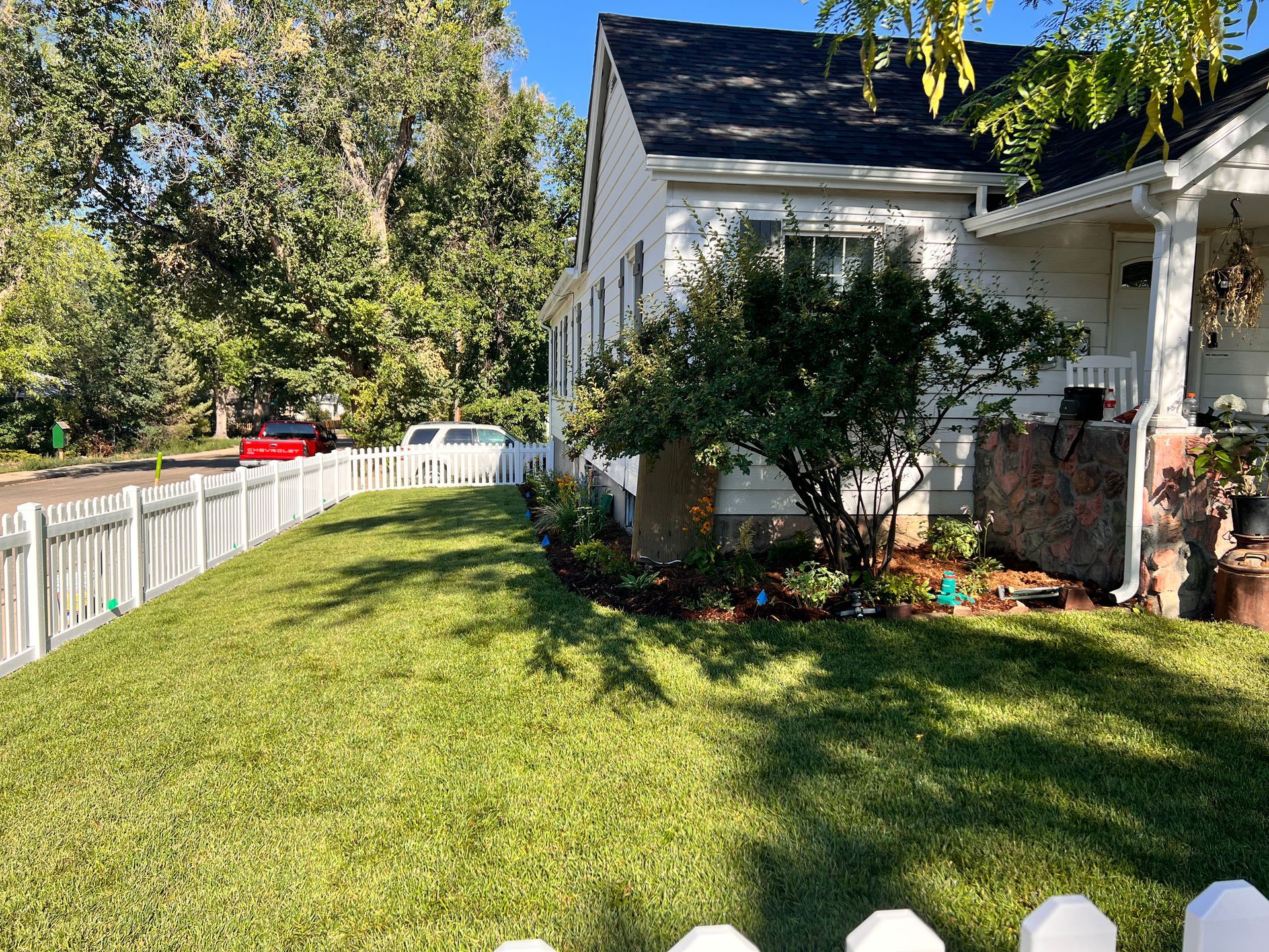 Lawn of a white house with a white picket fence, green grass, and trees. Cars on the street are visible.