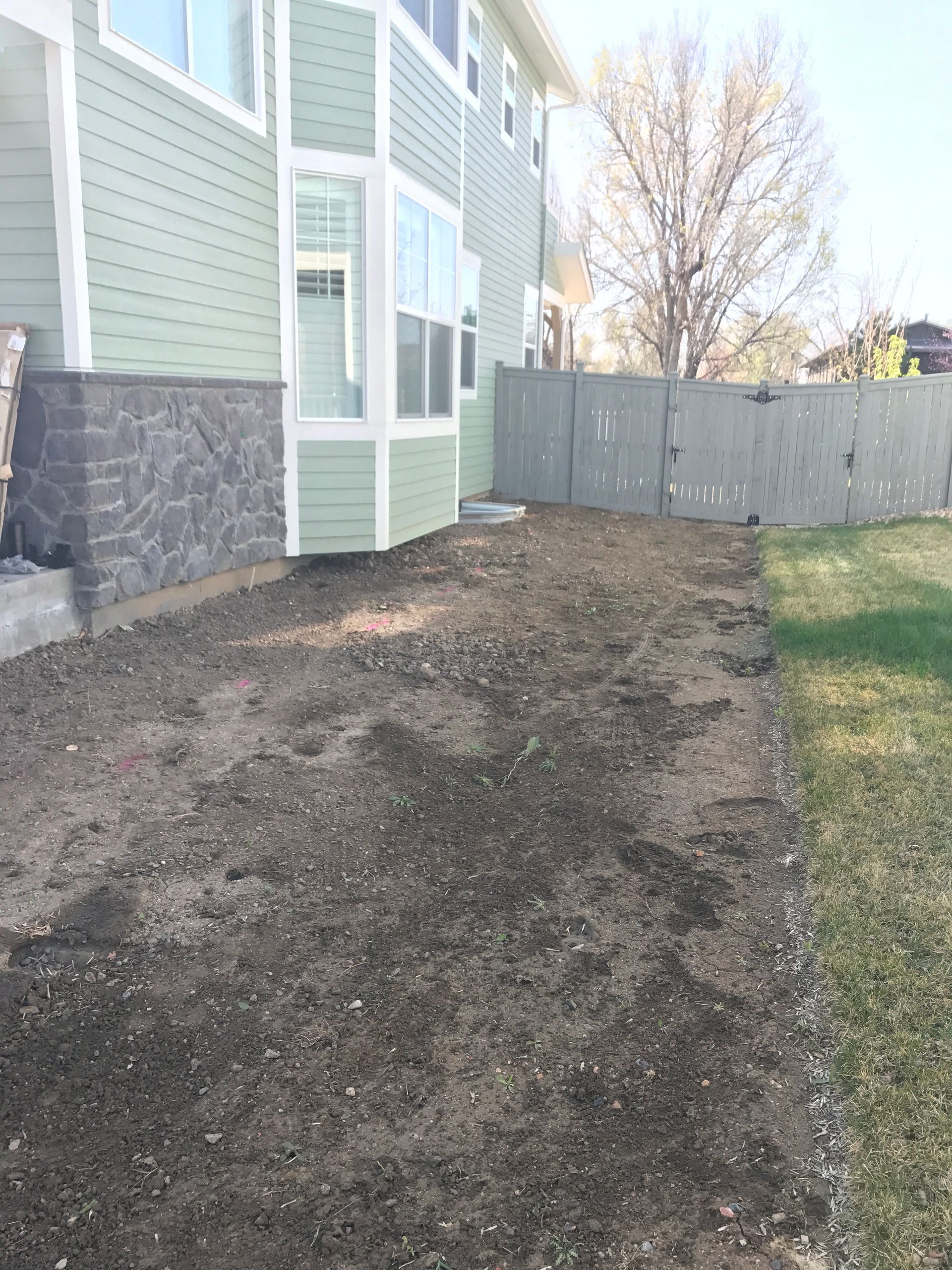 Side yard with bare dirt, light green siding, and a wooden fence.