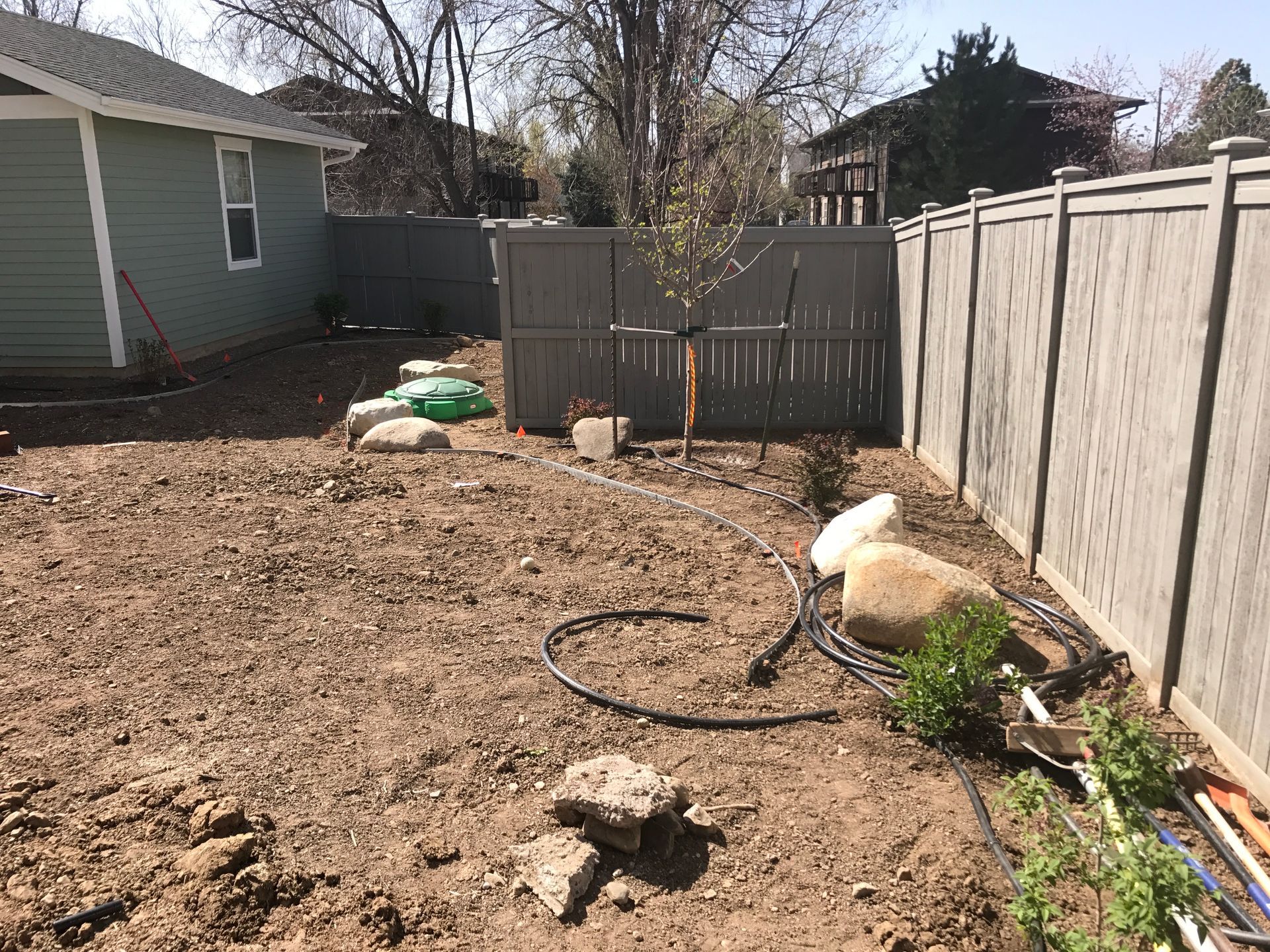Dirt backyard with a tree, rocks, and a fence.