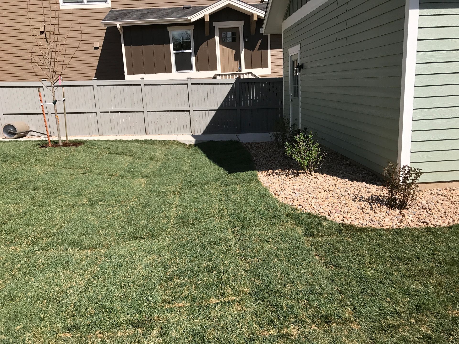 Green lawn next to a light green house with a beige gravel border, wooden fence in the background.
