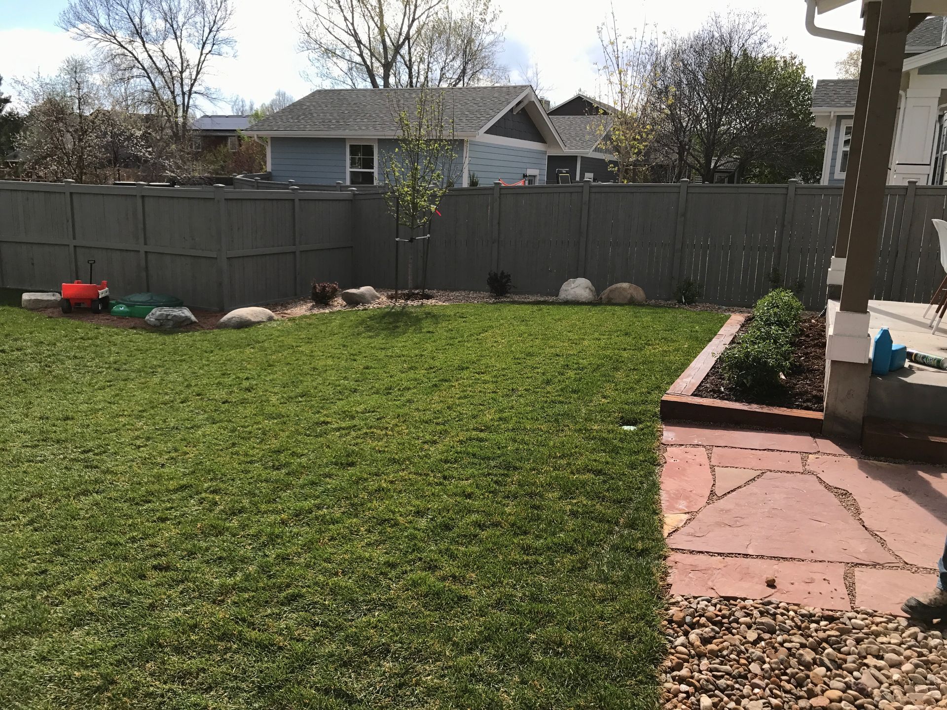 Green lawn in a backyard, grey fence in the background, small tree, and a red brick patio.