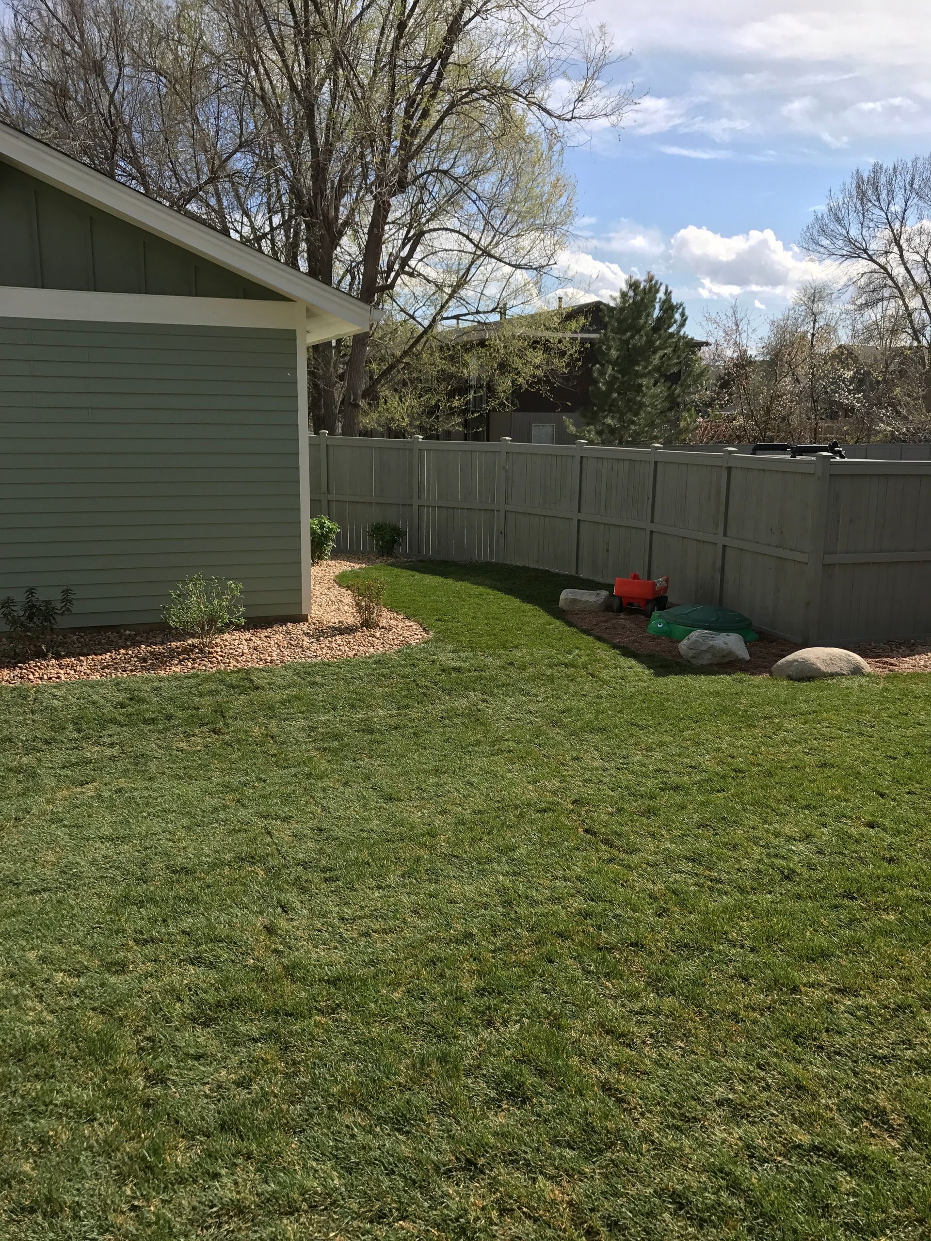 Lush green backyard with a light green house, gray fence, and a blue sky with clouds.