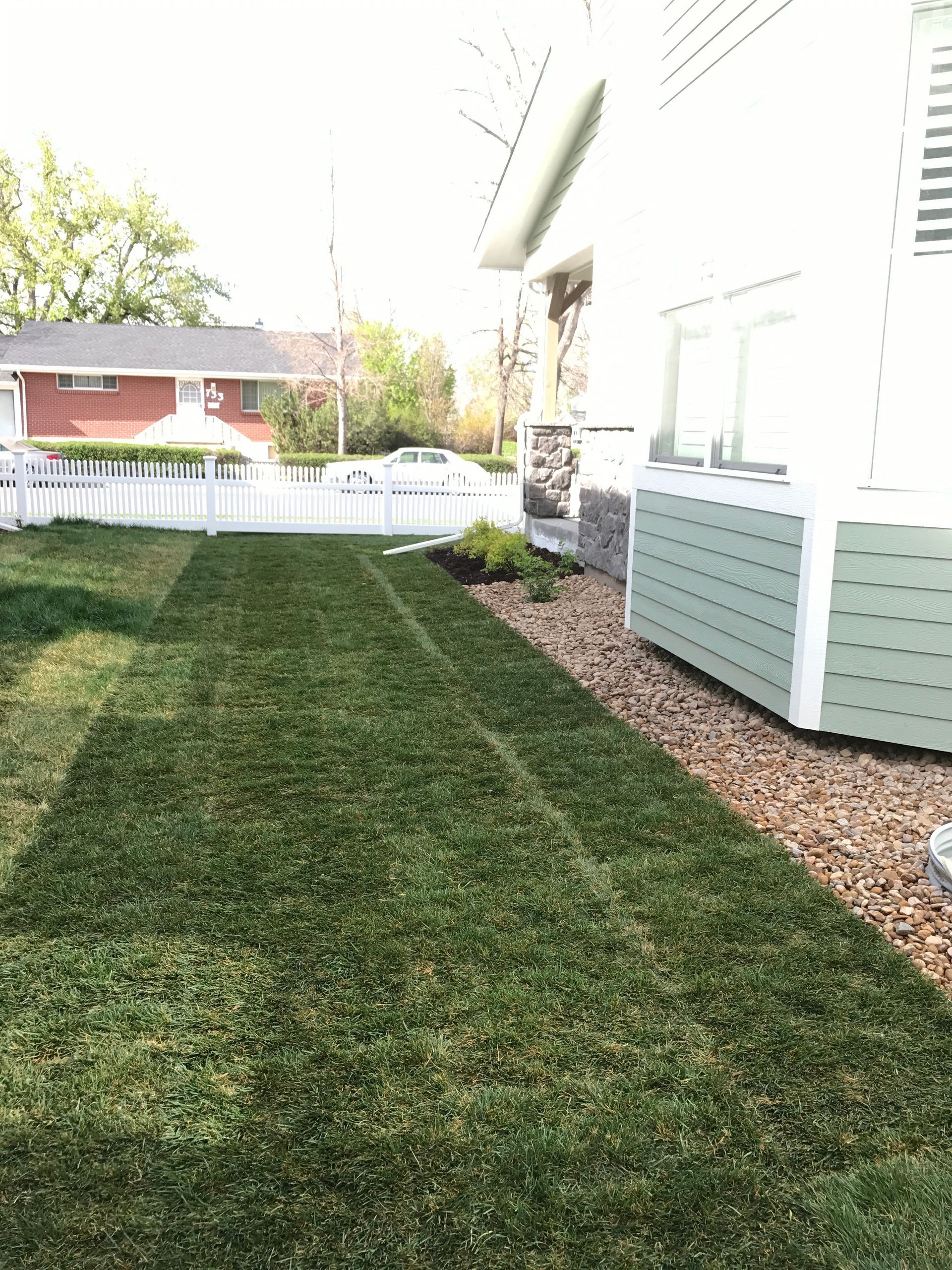 Lawn next to a house with a fresh cut strip of grass. White picket fence in the background.