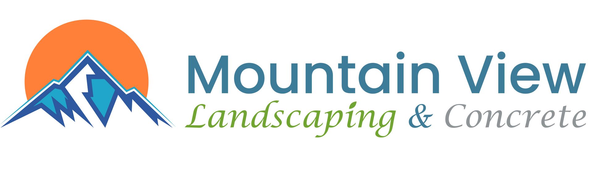 Logo of Mountain View Landscaping & Concrete: a mountain with an orange sun behind it, teal text on white background.